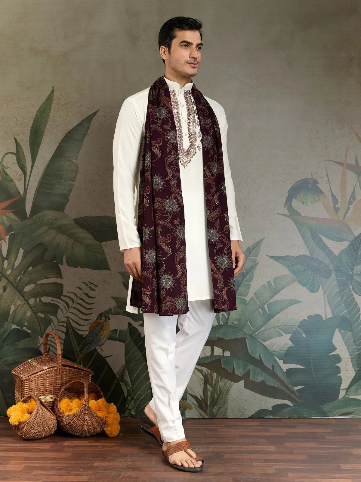 Odette White Viscose Rayon Embroidered Stitched Kurta For Men - Image 2
