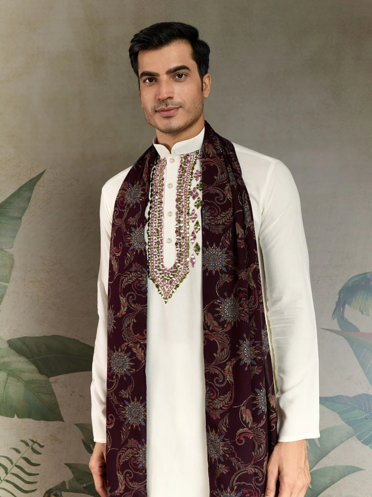 Odette White Viscose Rayon Embroidered Stitched Kurta For Men - Image 4