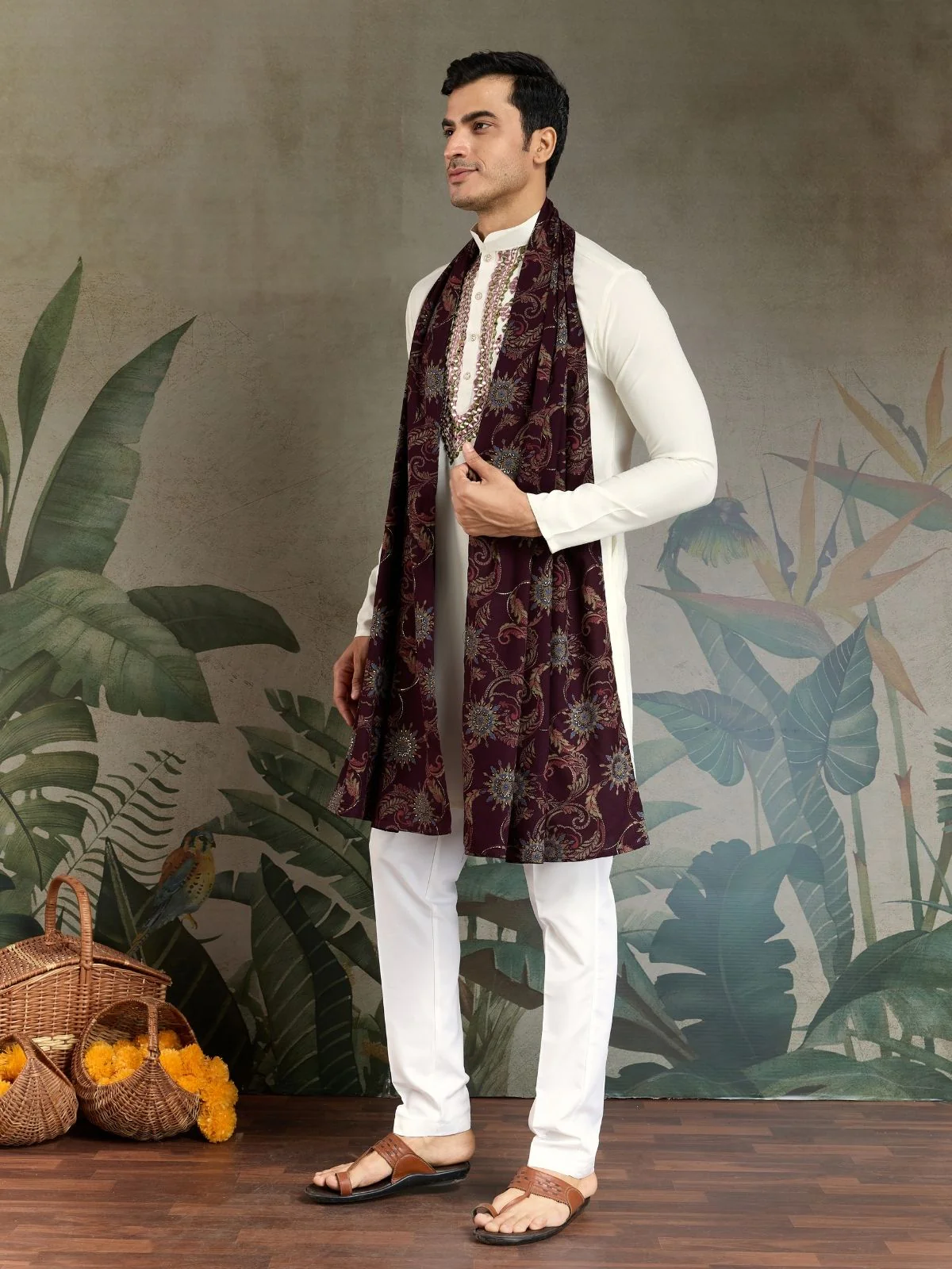 Odette White Viscose Rayon Embroidered Stitched Kurta For Men - Image 5