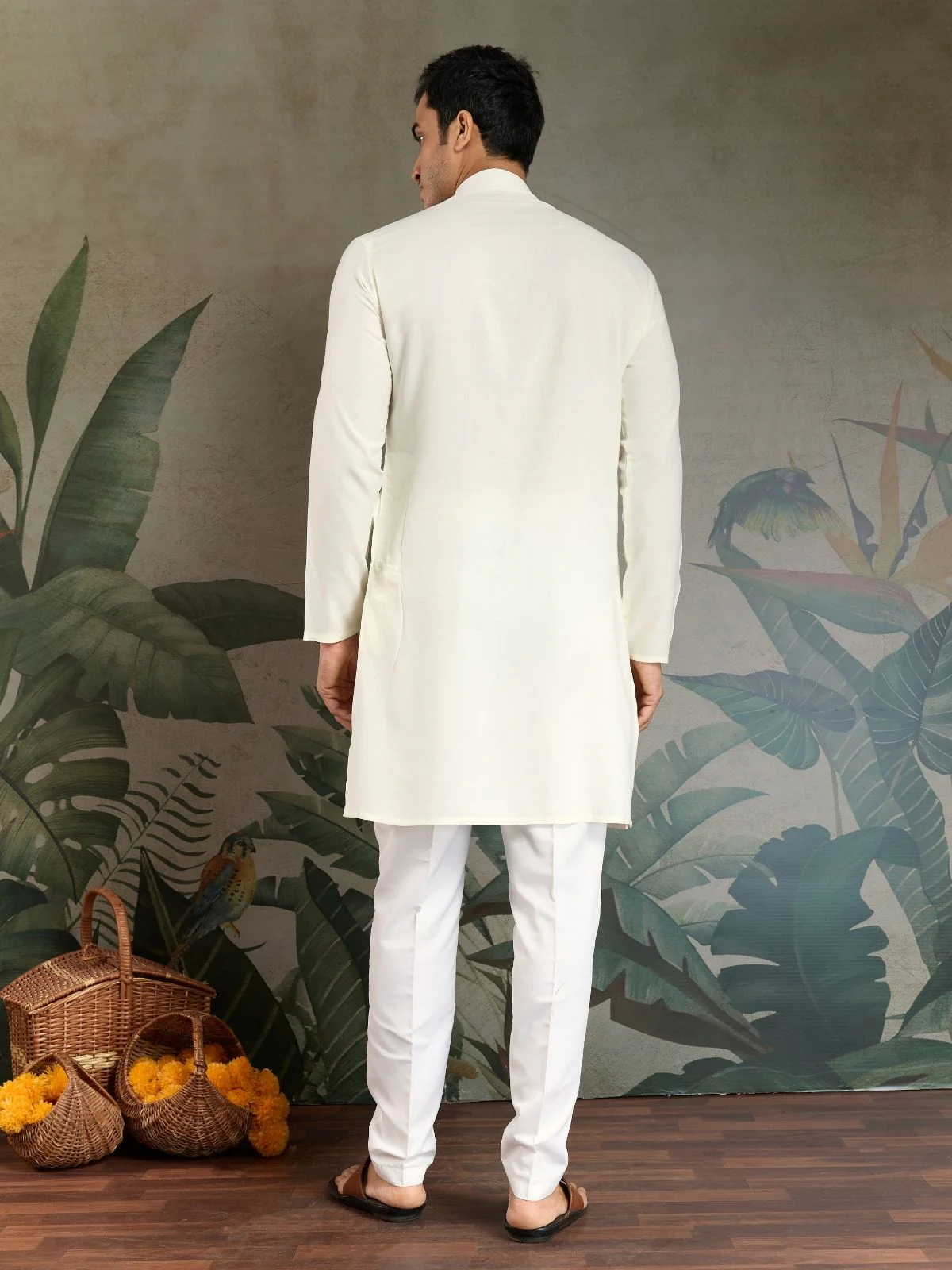Odette White Viscose Rayon Embroidered Stitched Kurta For Men - Image 6