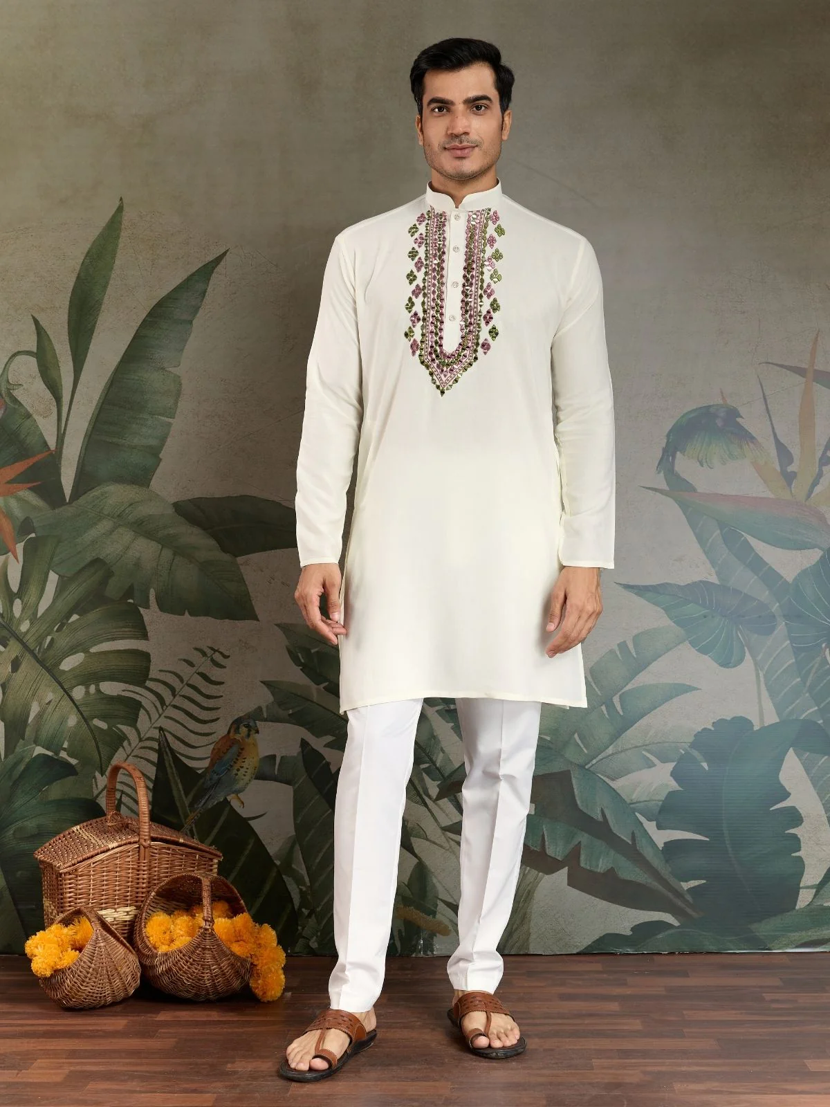 Odette White Viscose Rayon Embroidered Stitched Kurta For Men - Image 7