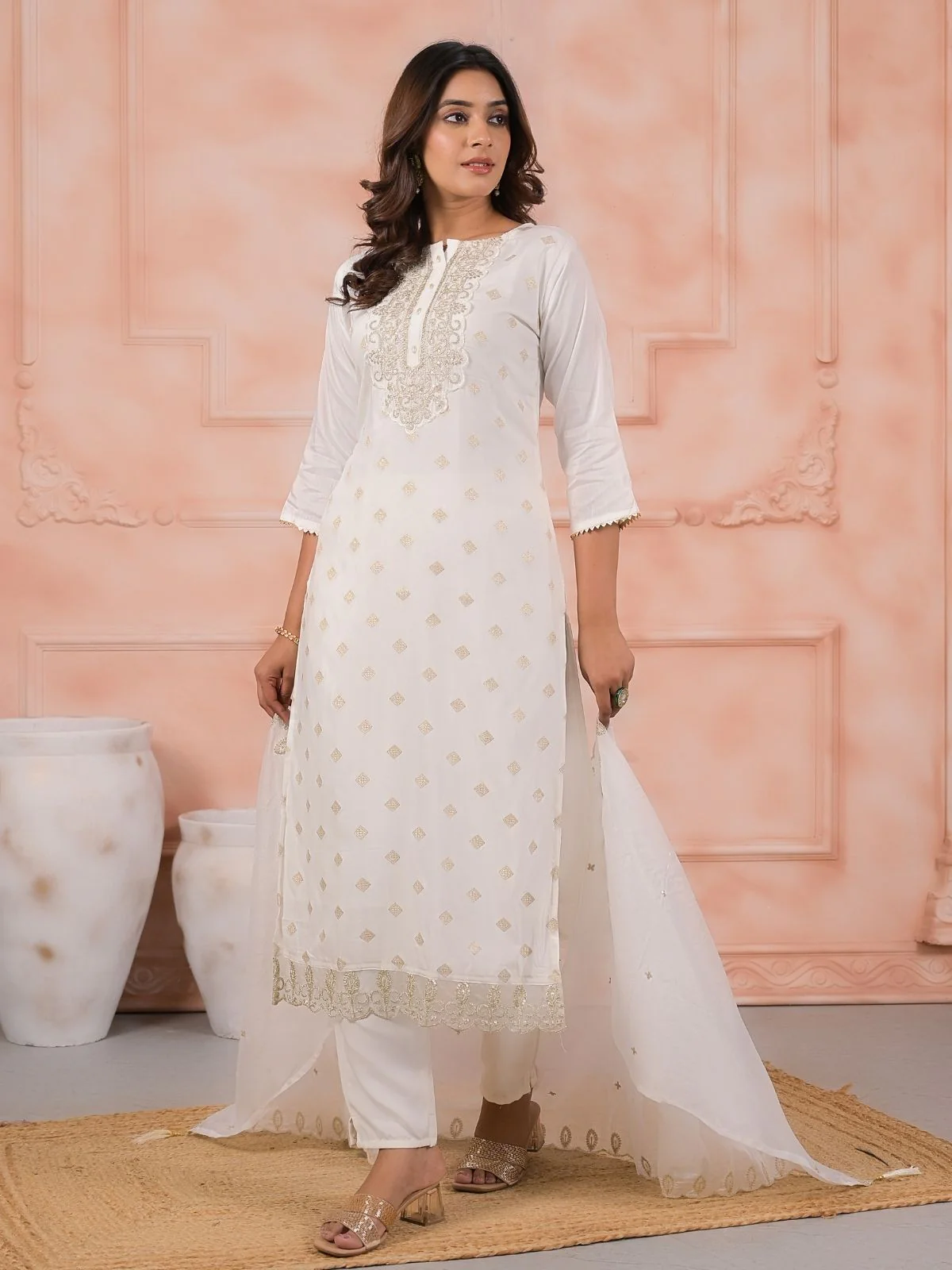 Odette White Viscose Rayon Embroidered Stitched Kurta Set For Women - Image 2