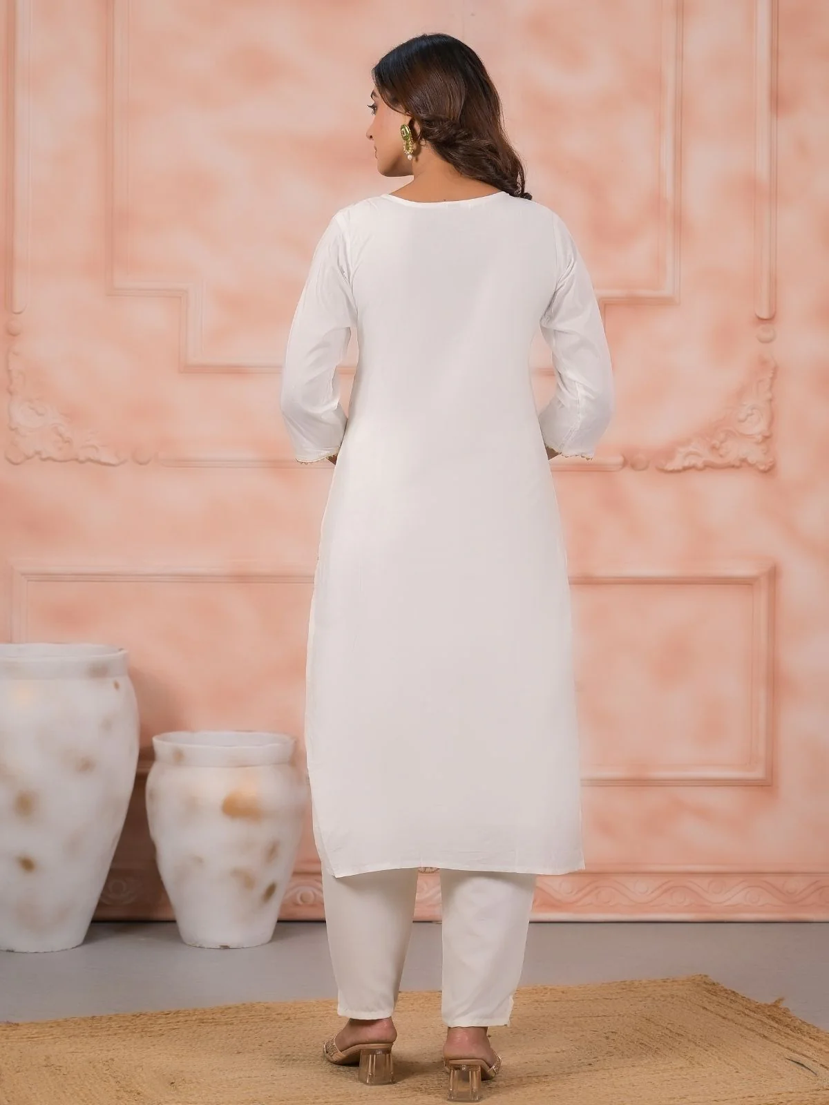 Odette White Viscose Rayon Embroidered Stitched Kurta Set For Women - Image 3