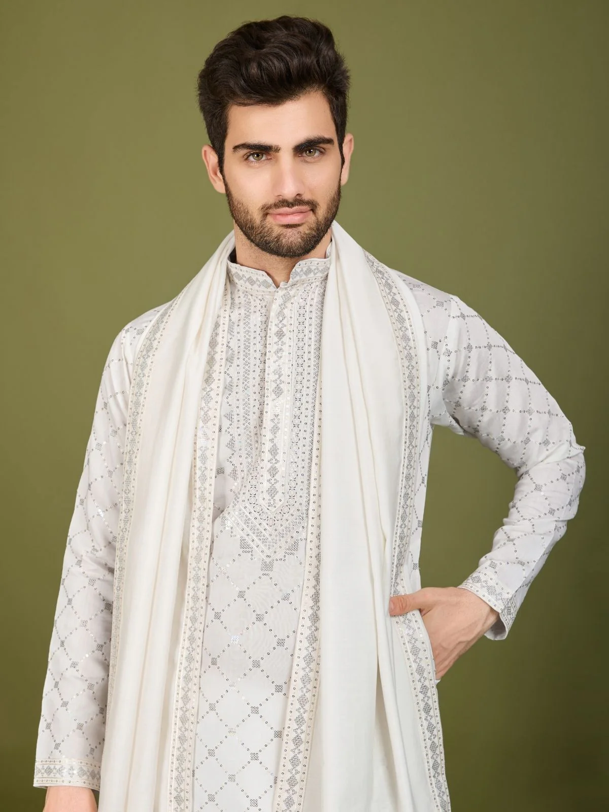Odette White Viscose Silk Embellished Stitched Kurta For Men - Image 5