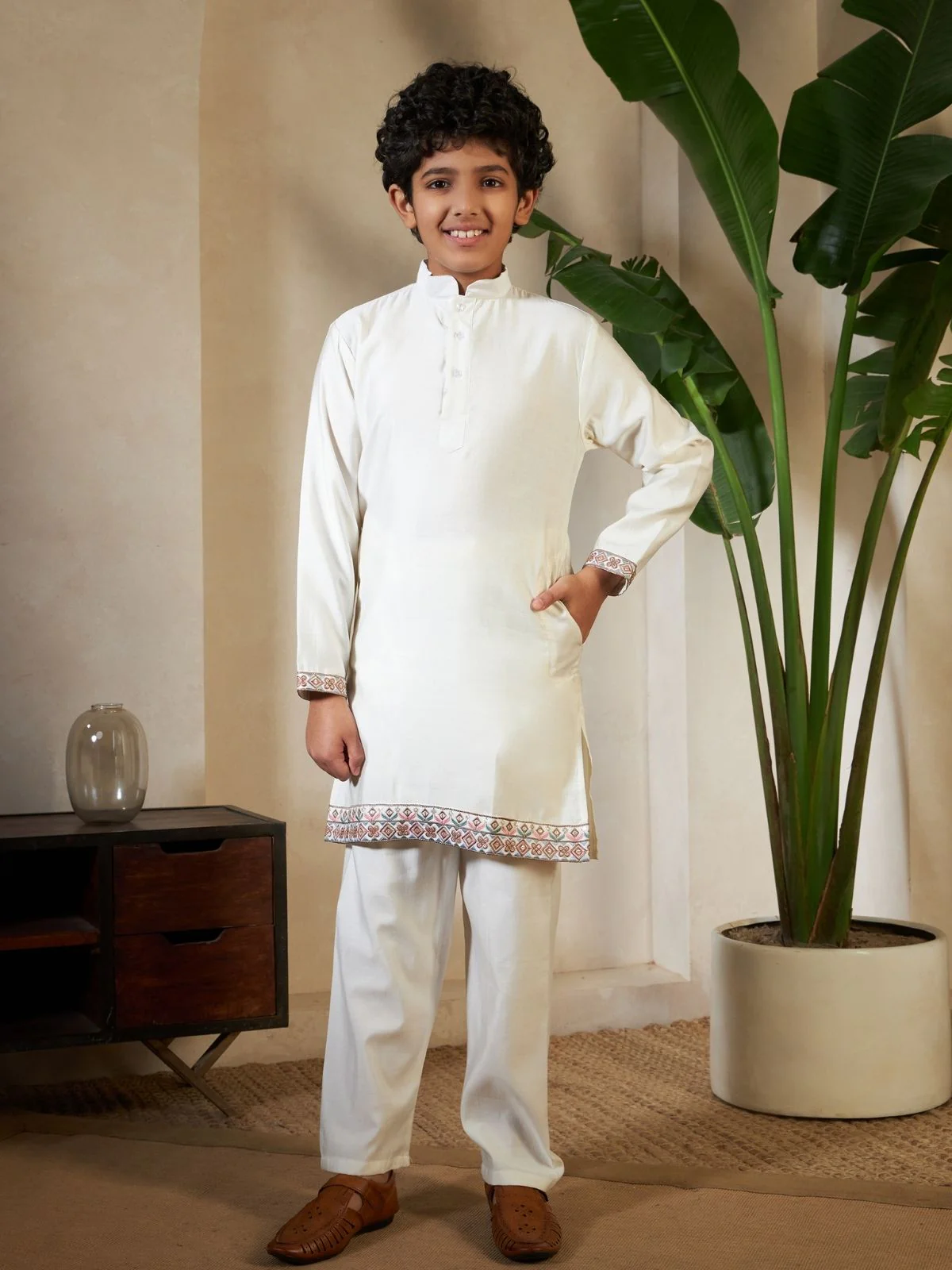Odette White Viscose Silk Embellished Stitched Kurta Set For Kids - Image 4