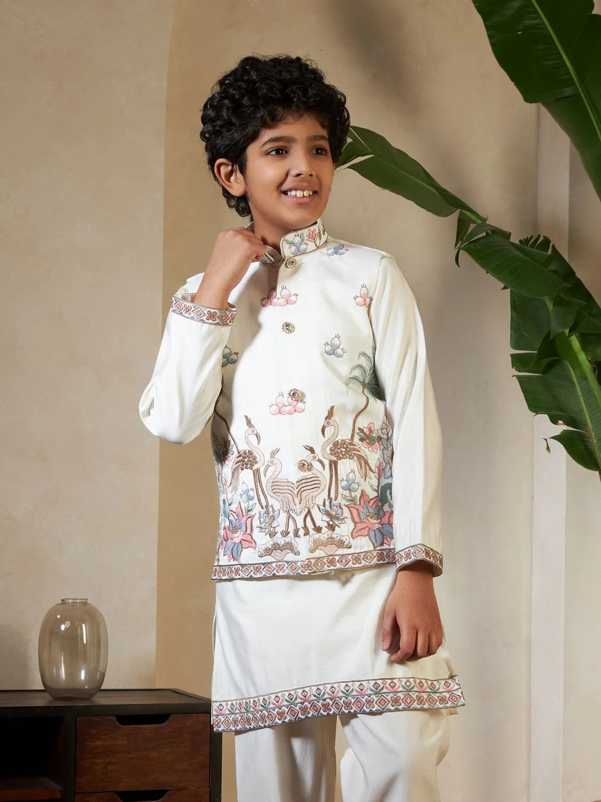 Odette White Viscose Silk Embellished Stitched Kurta Set For Kids - Image 5