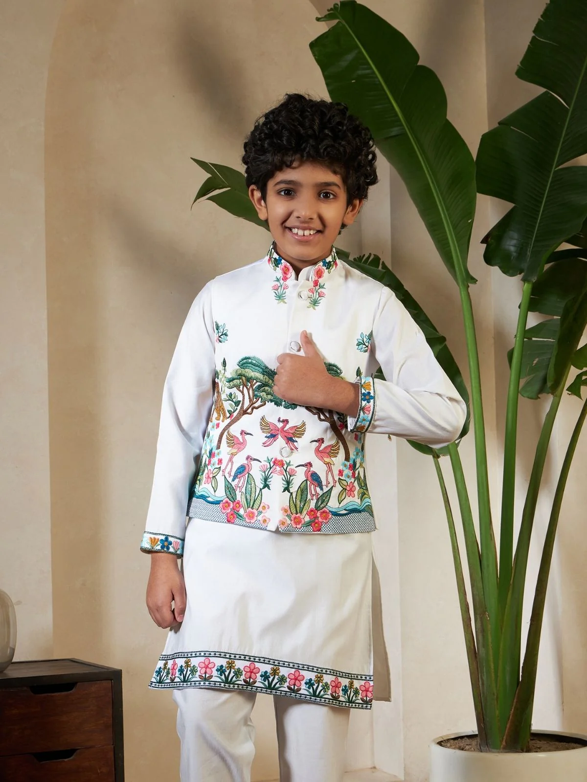 Odette White Viscose Silk Embellished Stitched Kurta Set For Kids - Image 5