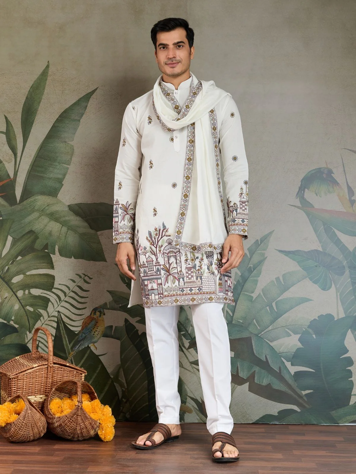Odette White Viscose Silk Embroidered Stitched Kurta For Men - Image 2