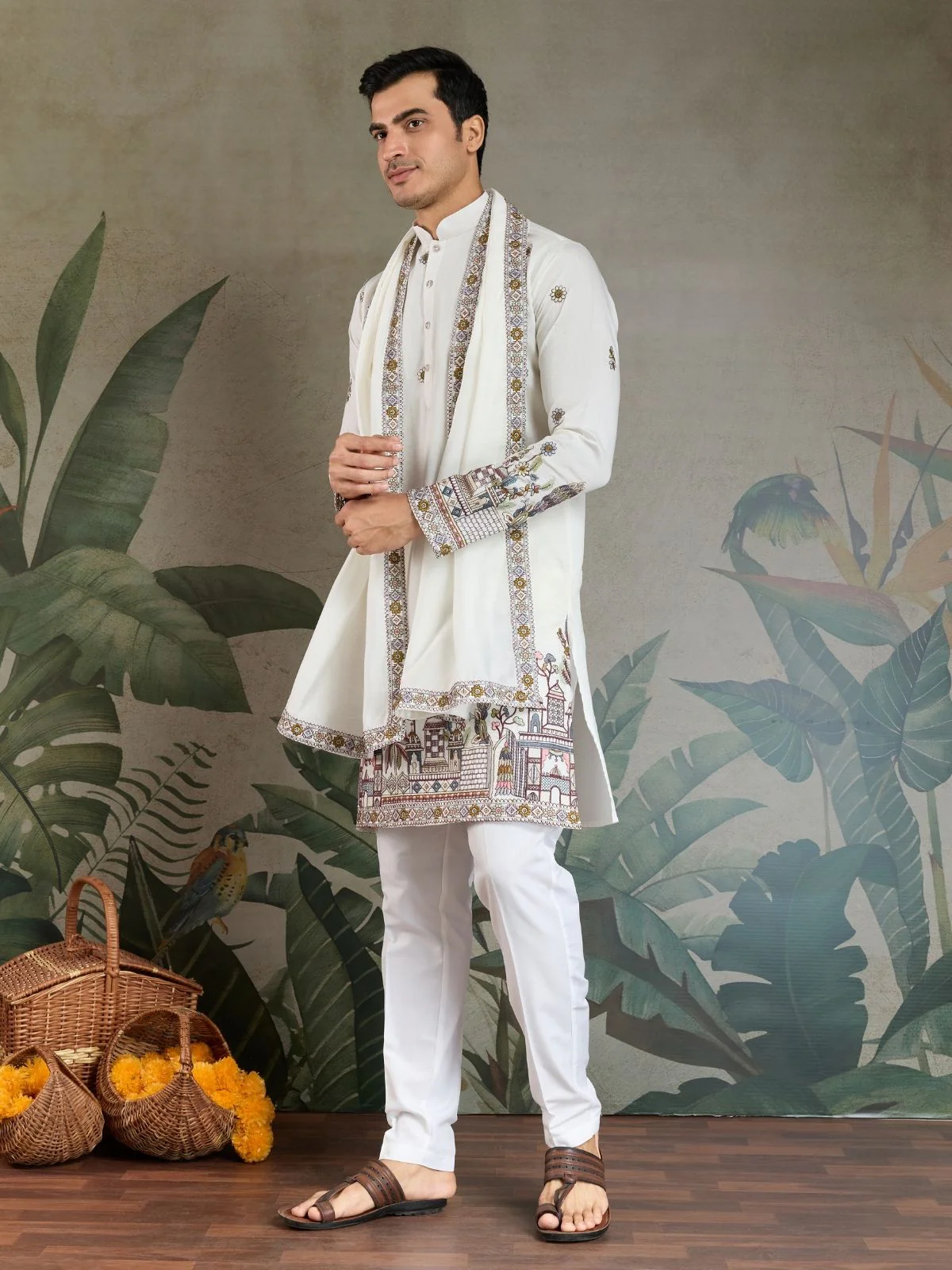Odette White Viscose Silk Embroidered Stitched Kurta For Men - Image 5