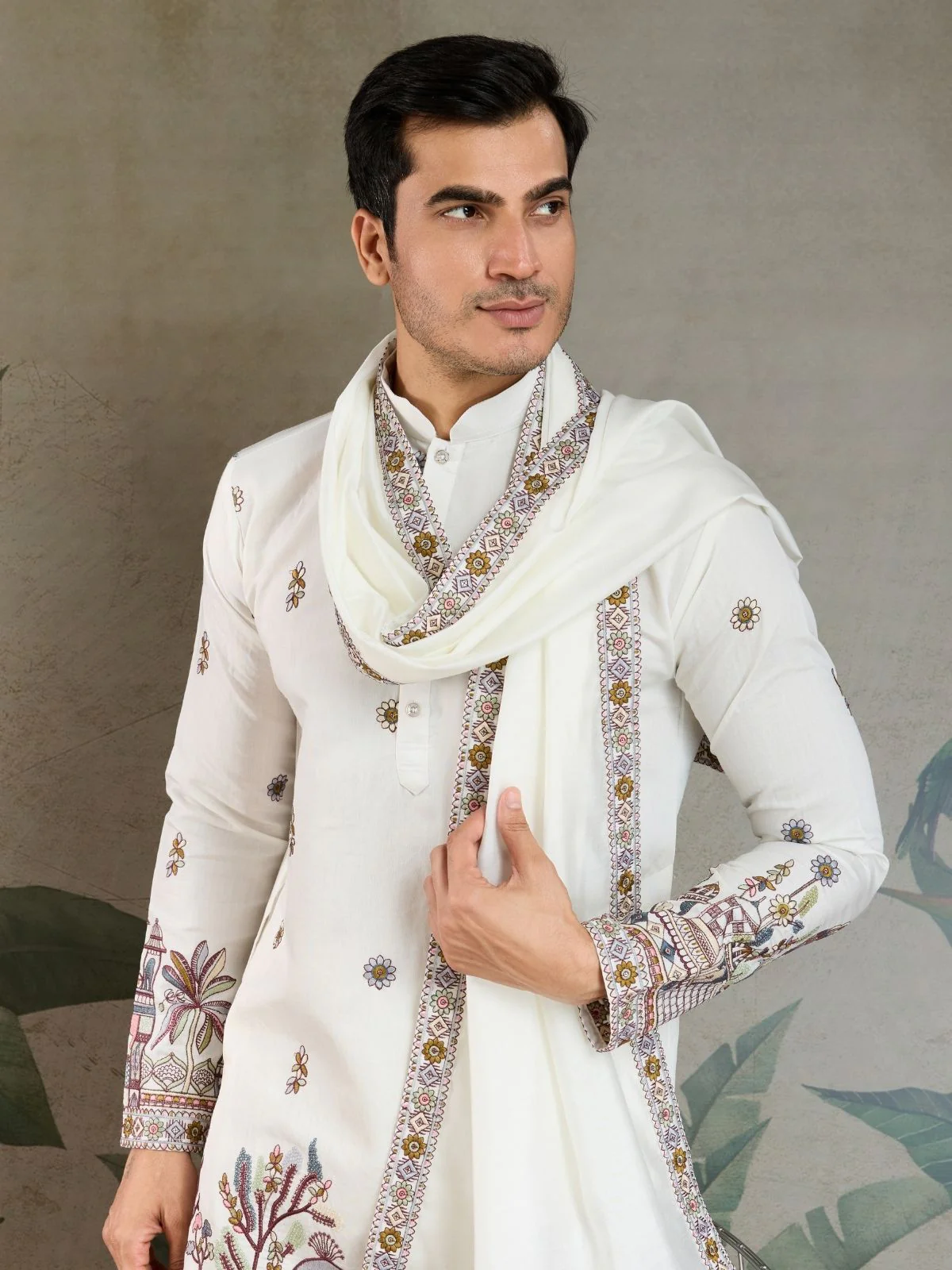 Odette White Viscose Silk Embroidered Stitched Kurta For Men - Image 7