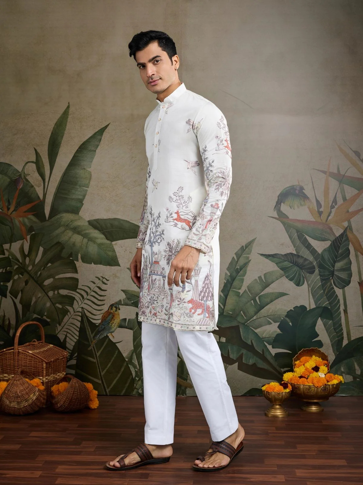 Odette White Viscose Silk Embroidered Stitched Kurta For Men - Image 2