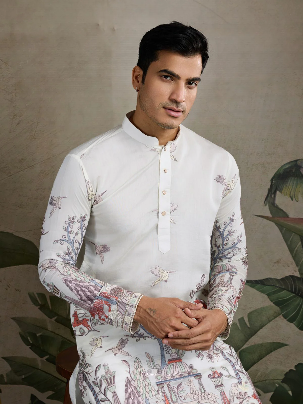 Odette White Viscose Silk Embroidered Stitched Kurta For Men - Image 4