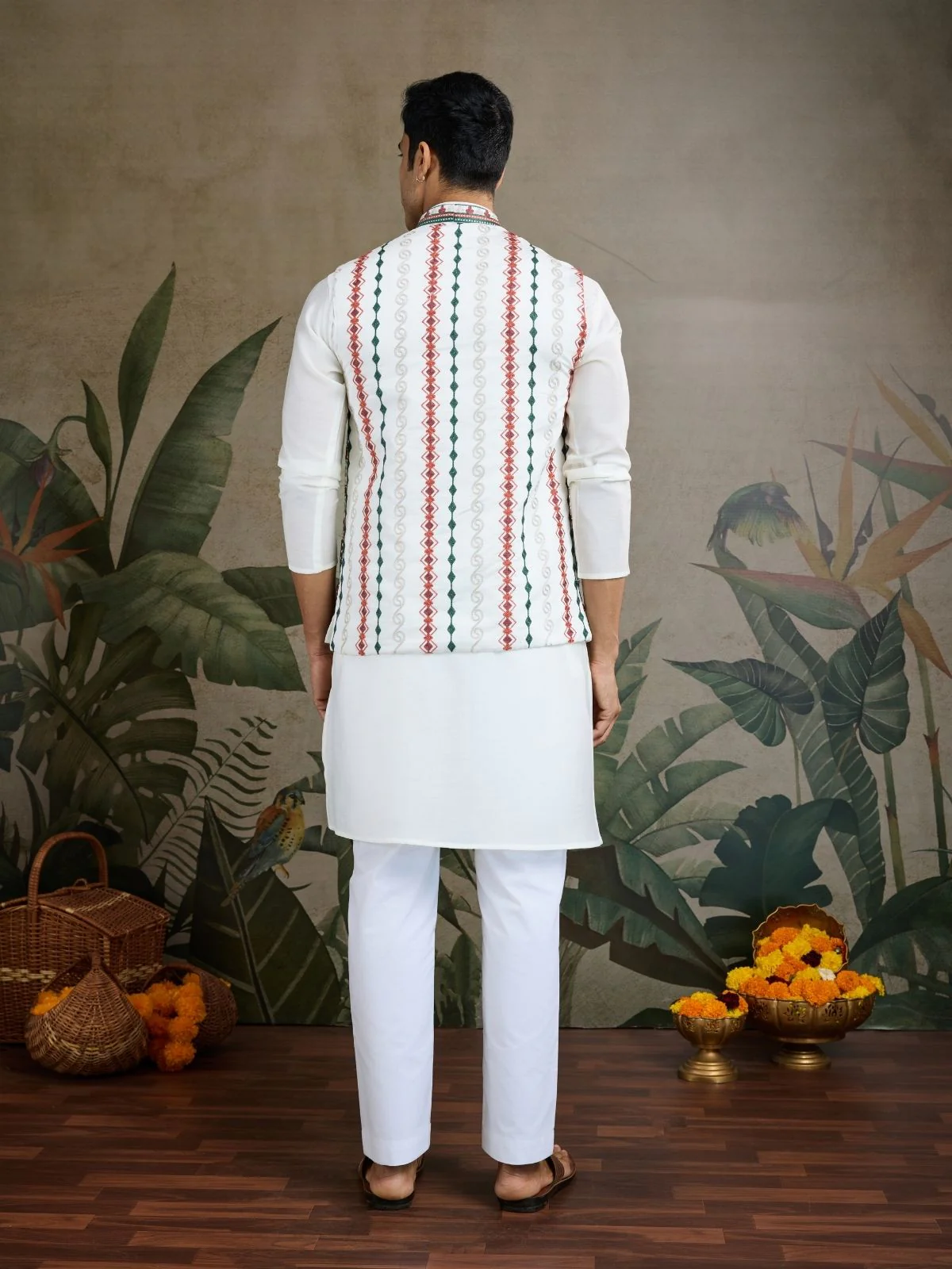 Odette White Viscose Silk Embroidered Stitched Kurta For Men - Image 4