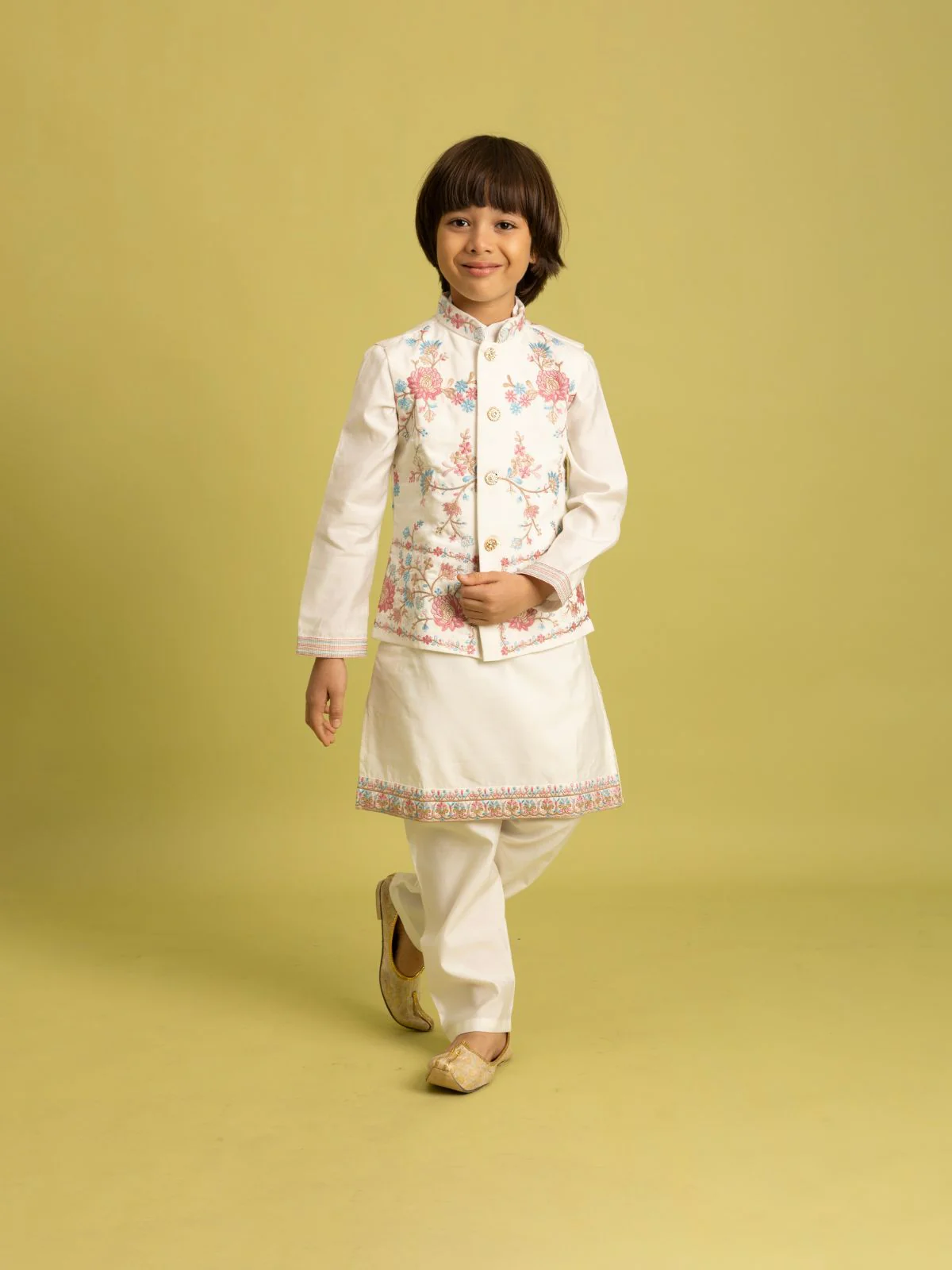 Odette White Viscose Silk Embroidered Stitched Kurta Set For Kids - Image 2