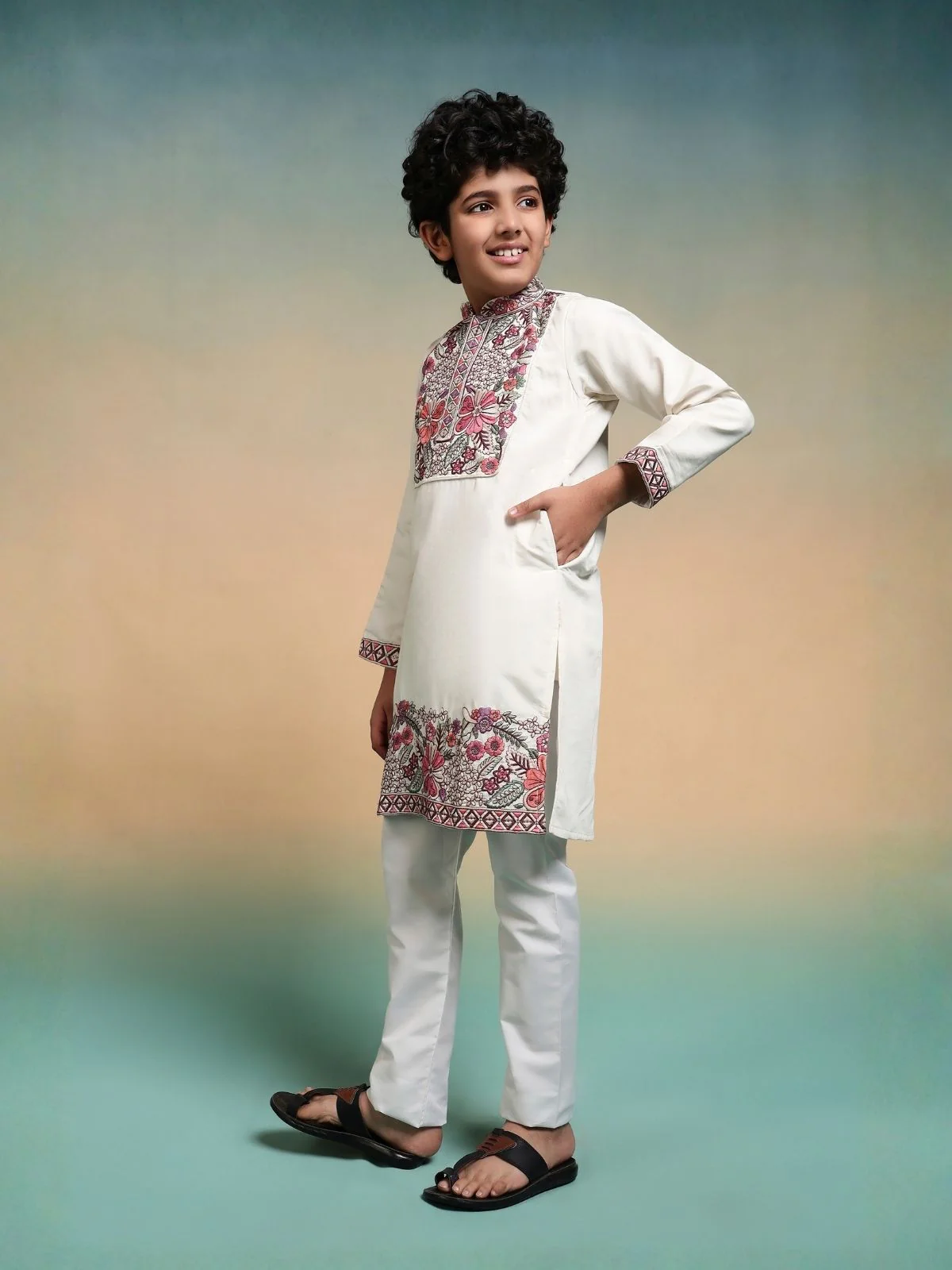 Odette White Viscose Silk Embroidered Stitched Kurta Set For Kids - Image 2