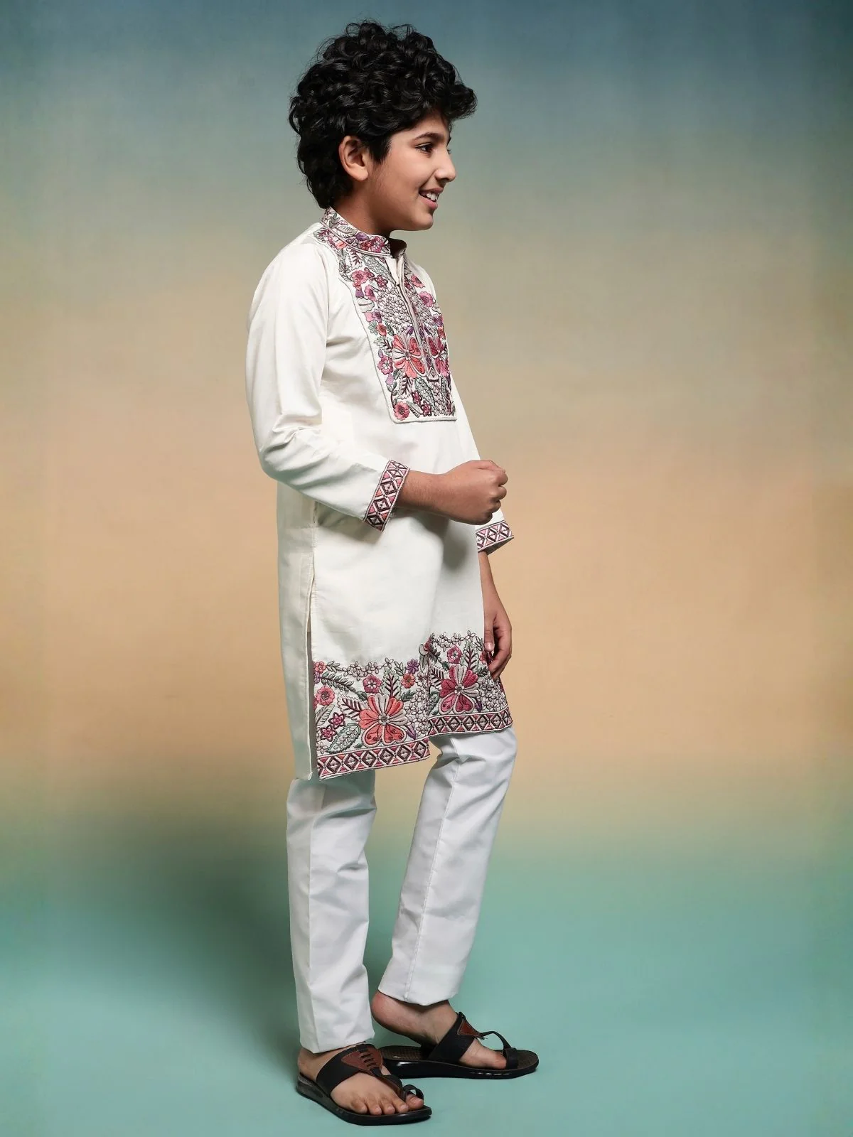 Odette White Viscose Silk Embroidered Stitched Kurta Set For Kids - Image 3