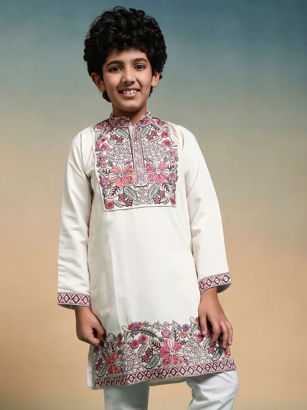 Odette White Viscose Silk Embroidered Stitched Kurta Set For Kids - Image 5