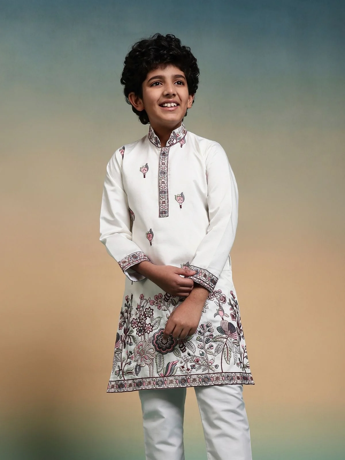 Odette White Viscose Silk Embroidered Stitched Kurta Set For Kids - Image 5