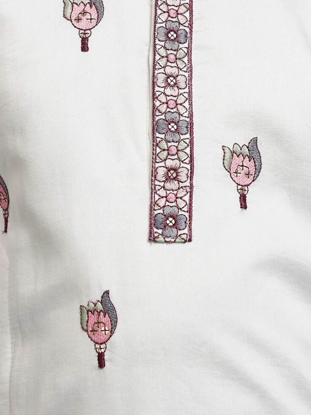 Odette White Viscose Silk Embroidered Stitched Kurta Set For Kids - Image 6