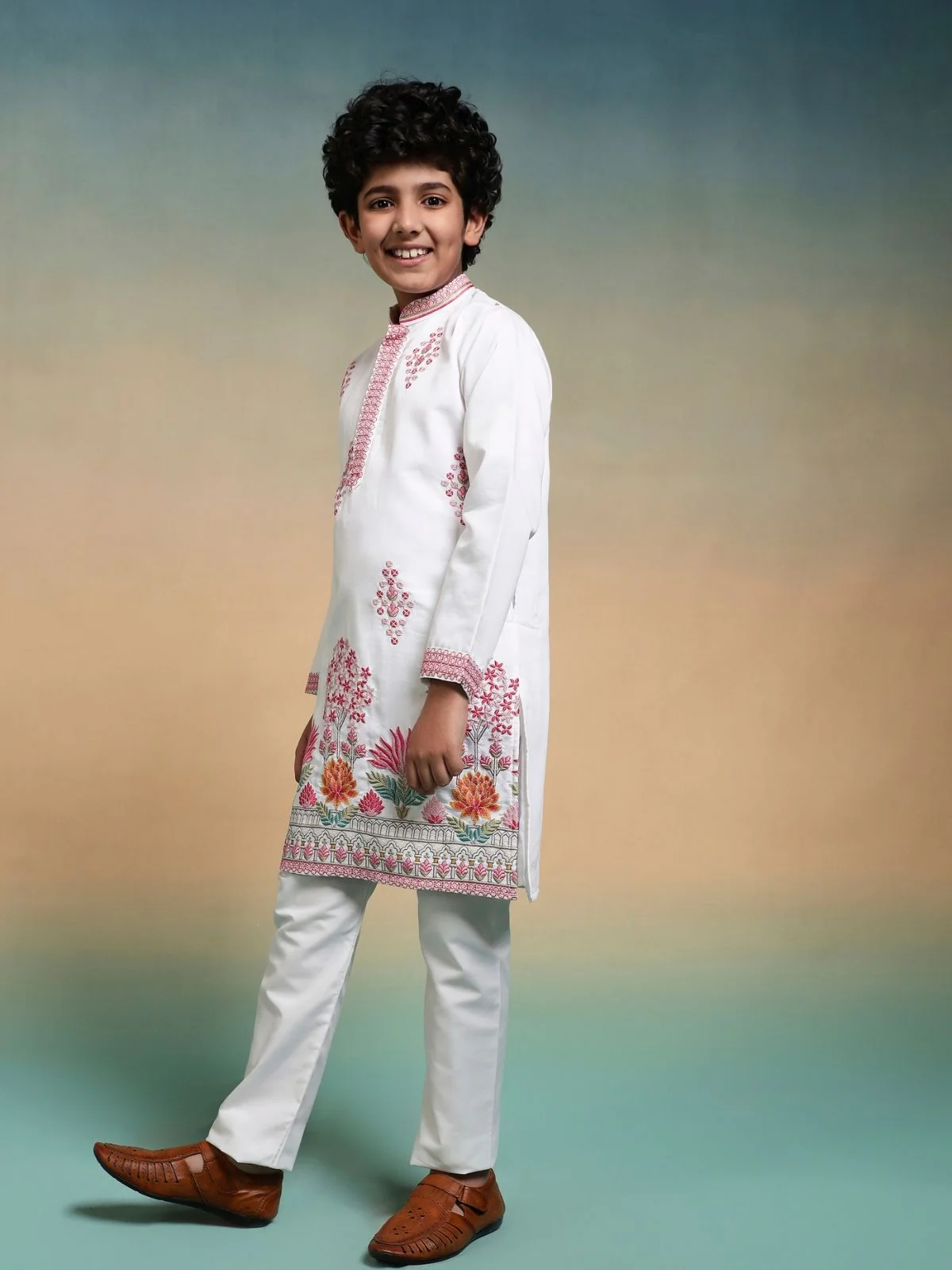 Odette White Viscose Silk Embroidered Stitched Kurta Set For Kids - Image 2