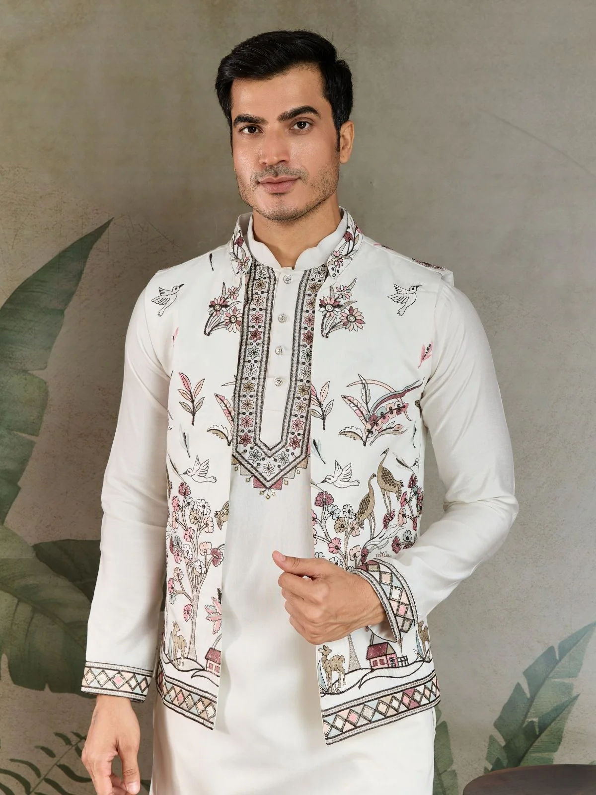 Odette White Viscose Silk Embroidered Stitched Kurta Set For Men - Image 7