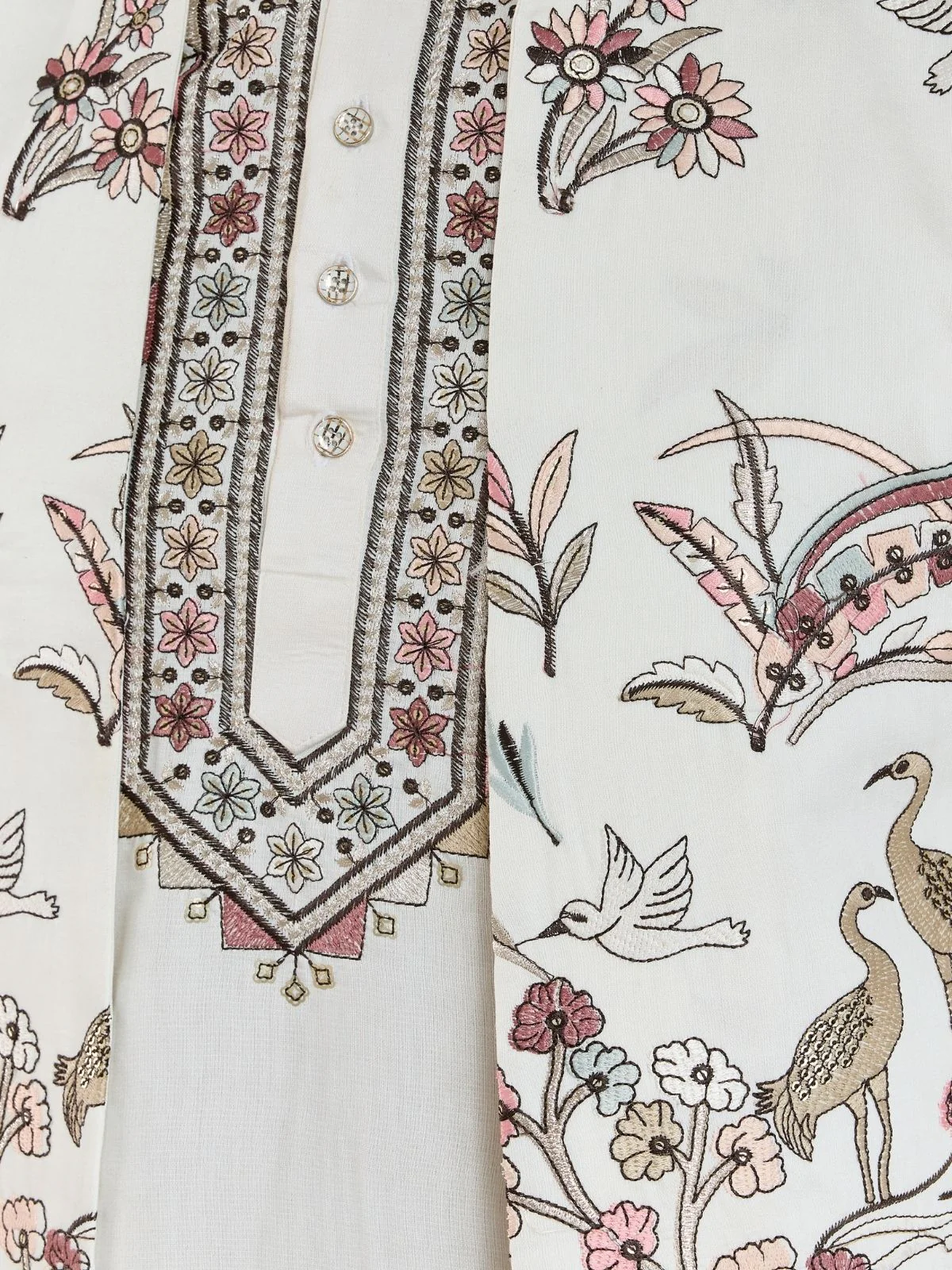 Odette White Viscose Silk Embroidered Stitched Kurta Set For Men - Image 8