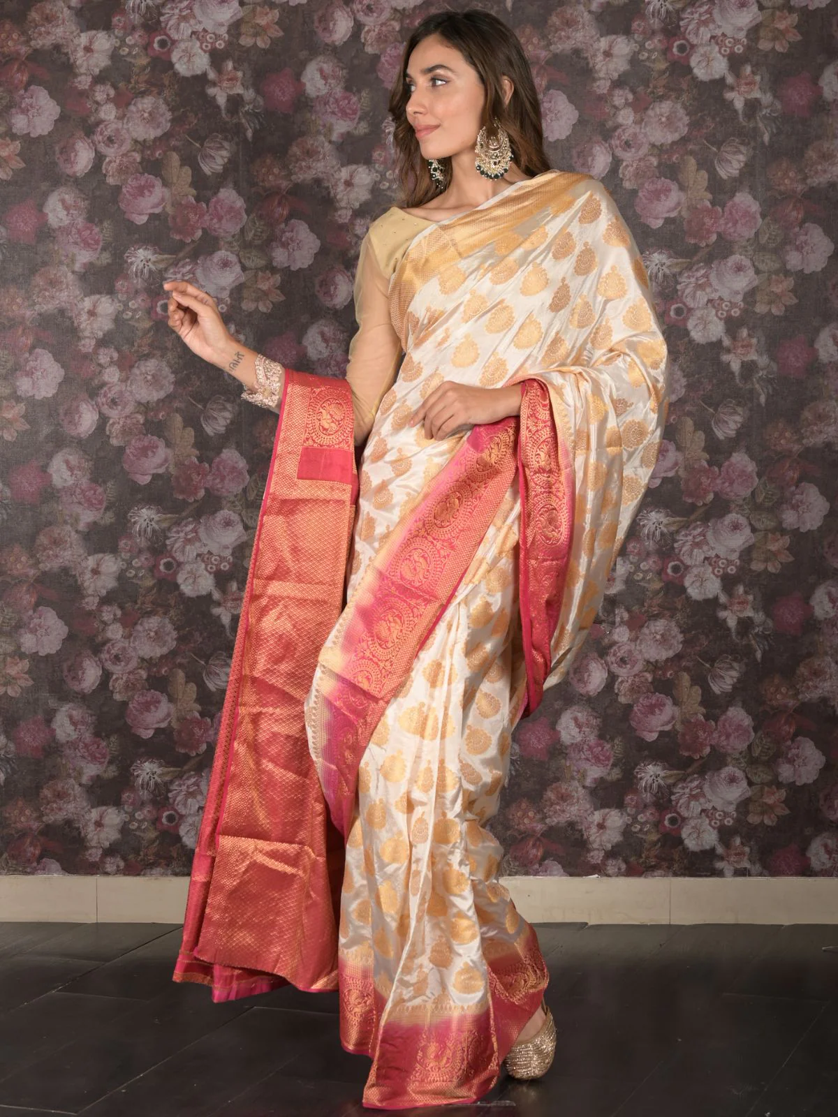 Odette White Woven Polyester Saree With Unstitched Blouse For Women - Image 3
