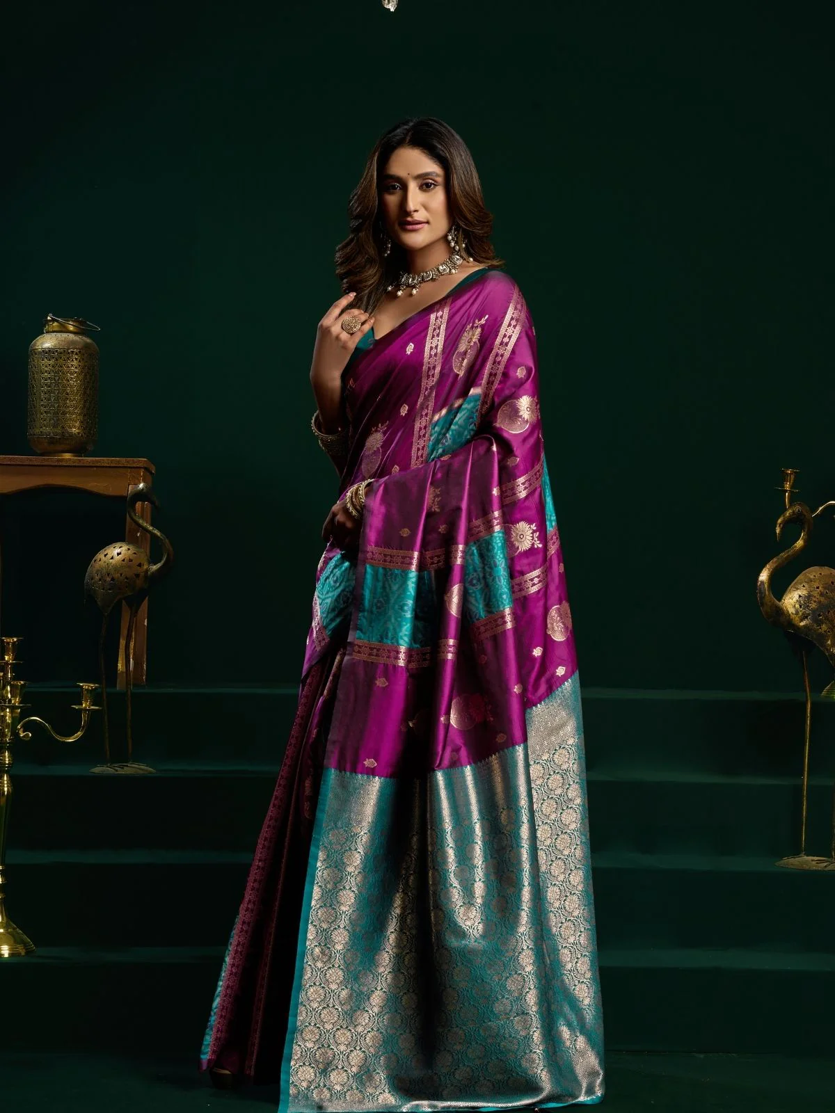 Odette Wine and Teal Blue Silk Blend Woven Saree For Women - Image 2