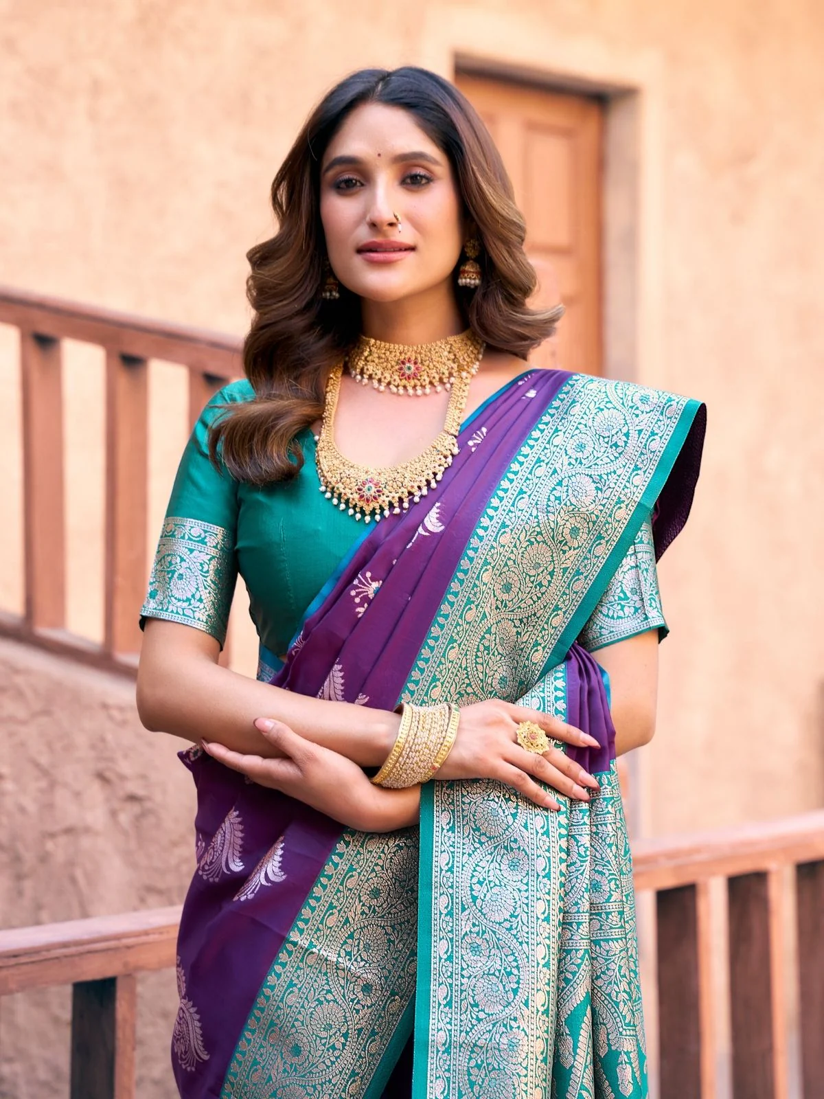 Odette Wine and Teal Blue Silk Blend Woven Saree For Women - Image 3