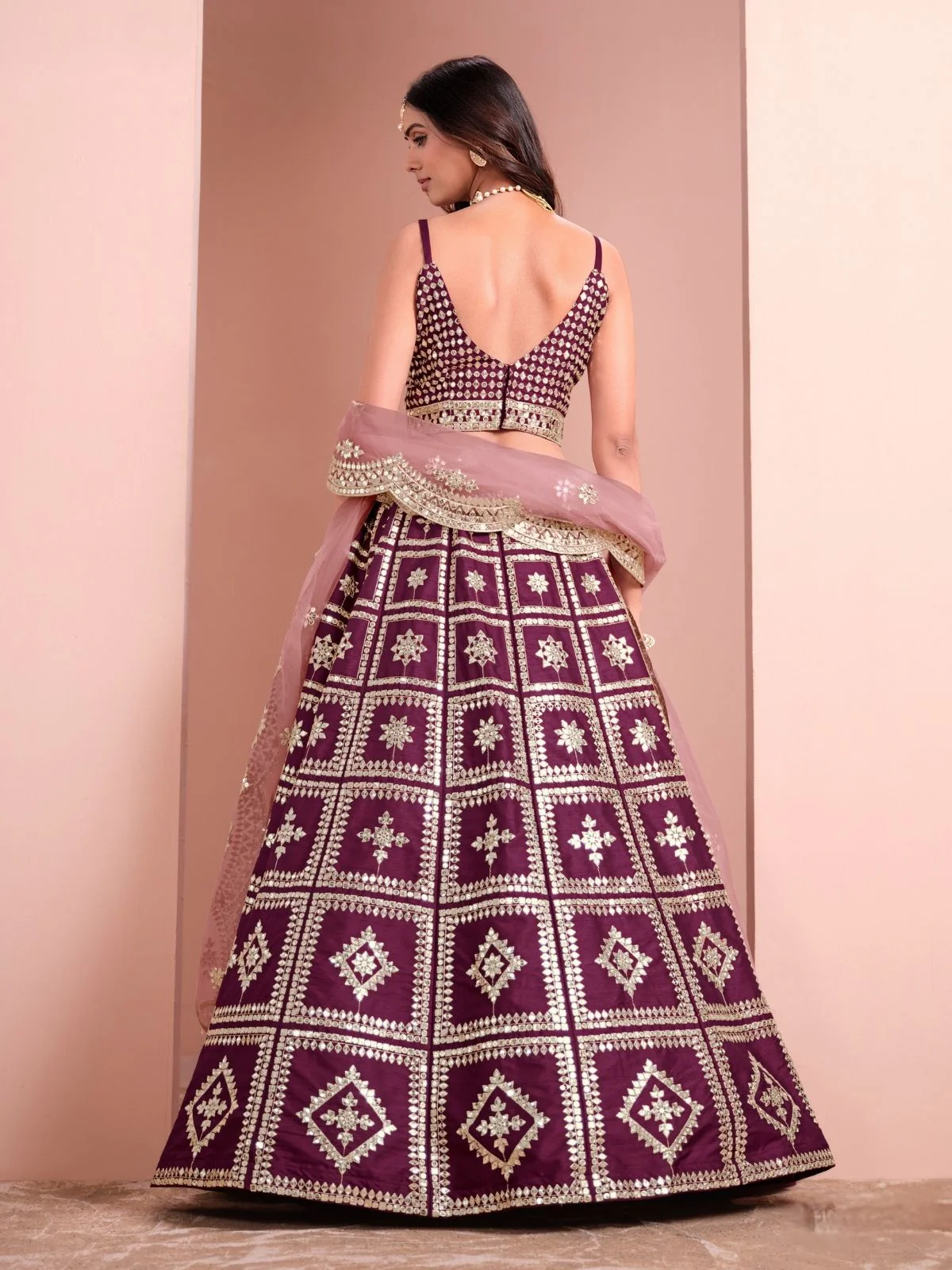 Odette Wine Art Silk Embellished Semi-Stitched lehenga For Women - Image 3