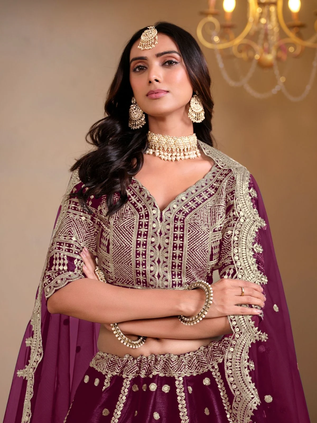 Odette Wine Art Silk Embroidered Semi-Stitched lehenga For Women - Image 3