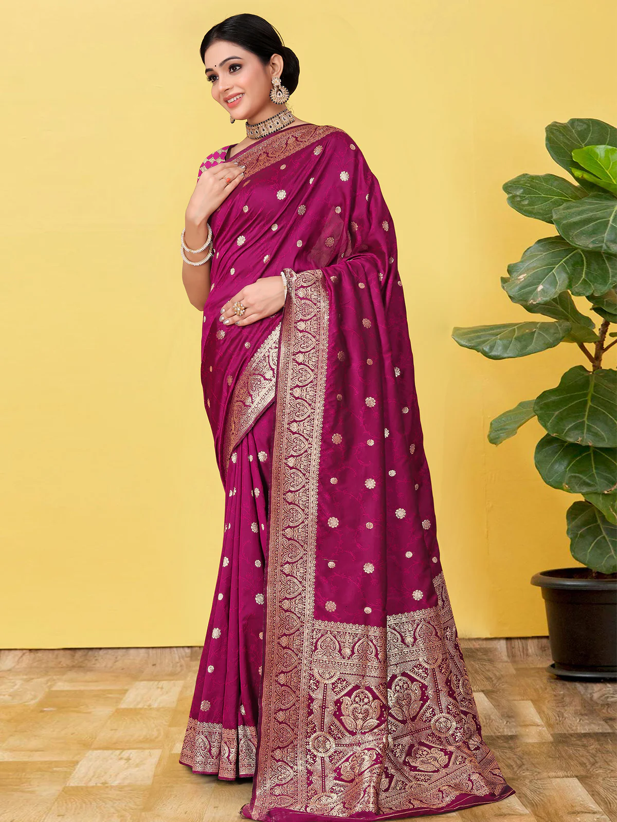 Odette Wine  Banarasi Woven Saree With Unstitched Blouse For Women - Image 2