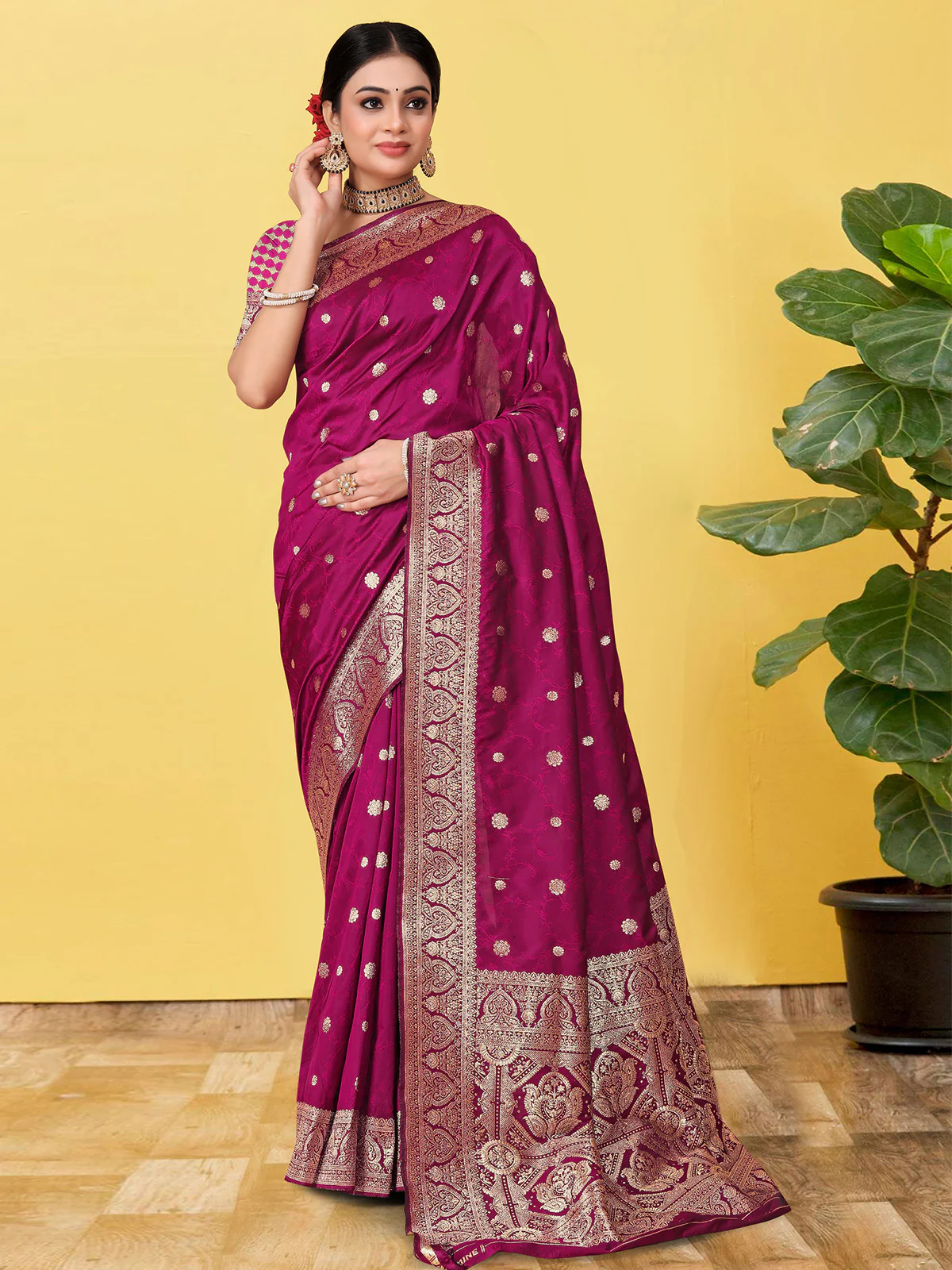Odette Wine  Banarasi Woven Saree With Unstitched Blouse For Women - Image 3