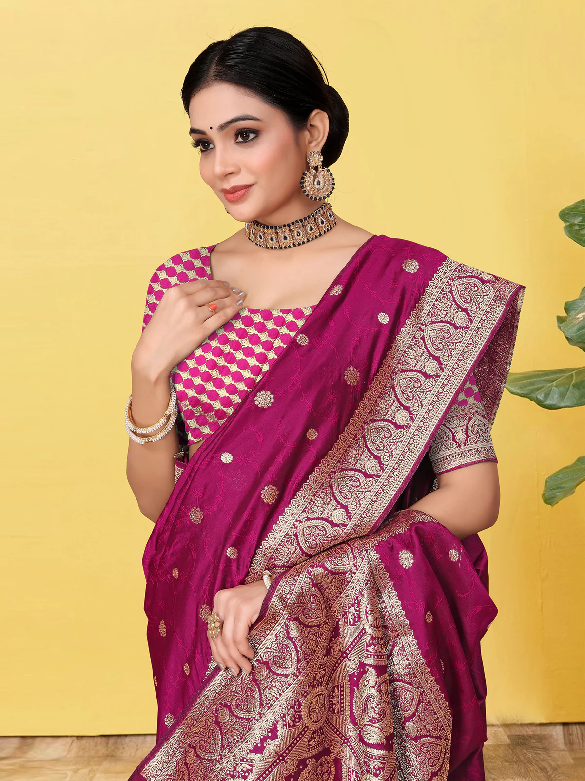 Odette Wine  Banarasi Woven Saree With Unstitched Blouse For Women - Image 5