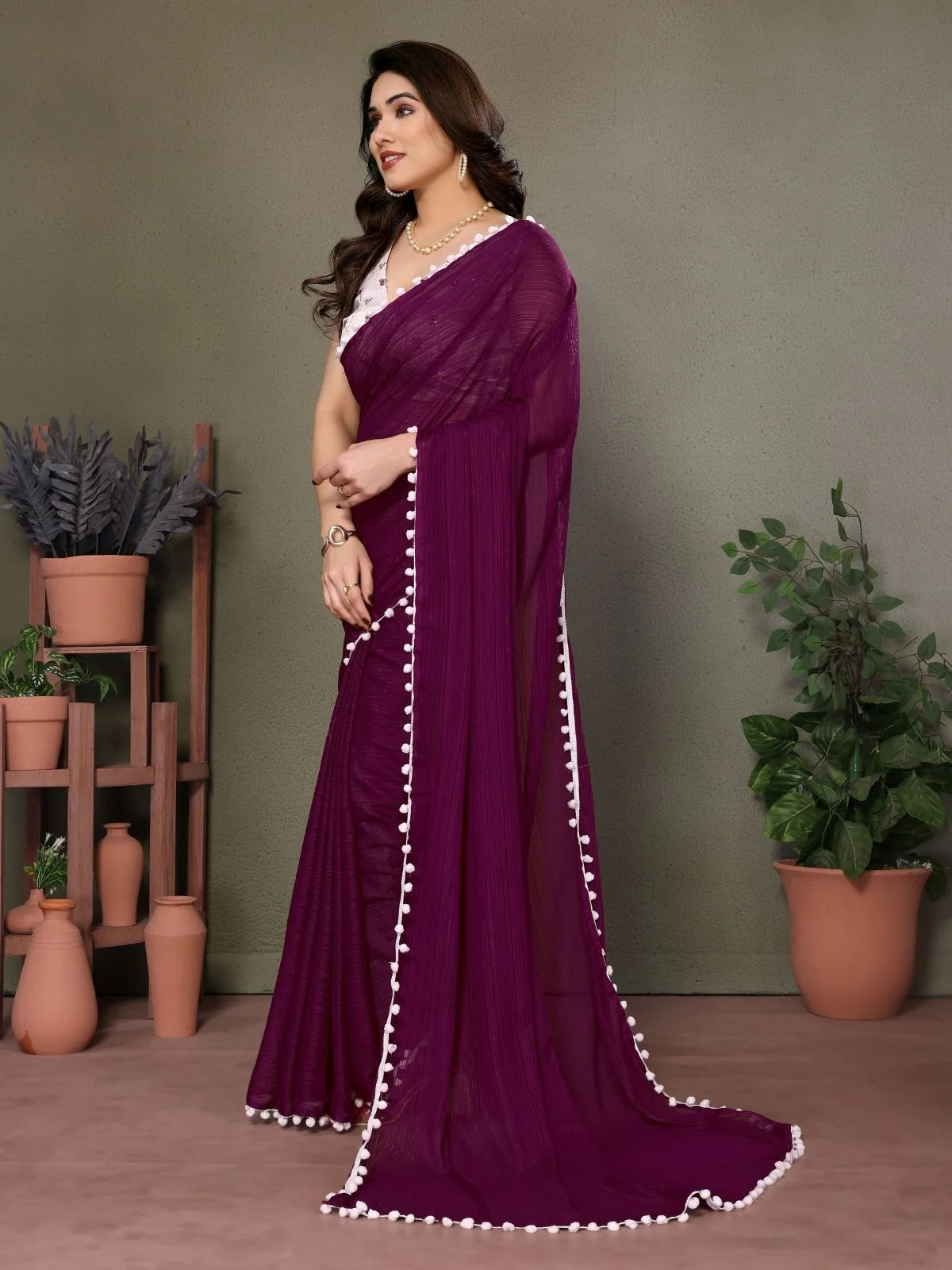 Odette Wine Banglori Lace Work Saree With Unstitched Blouse For Women - Image 2