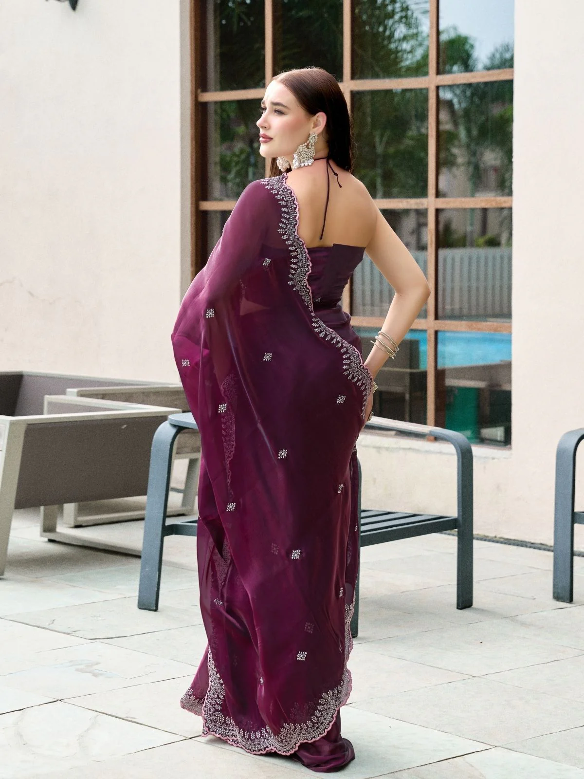 Odette Wine Chiffon Embellished Saree For Women - Image 4