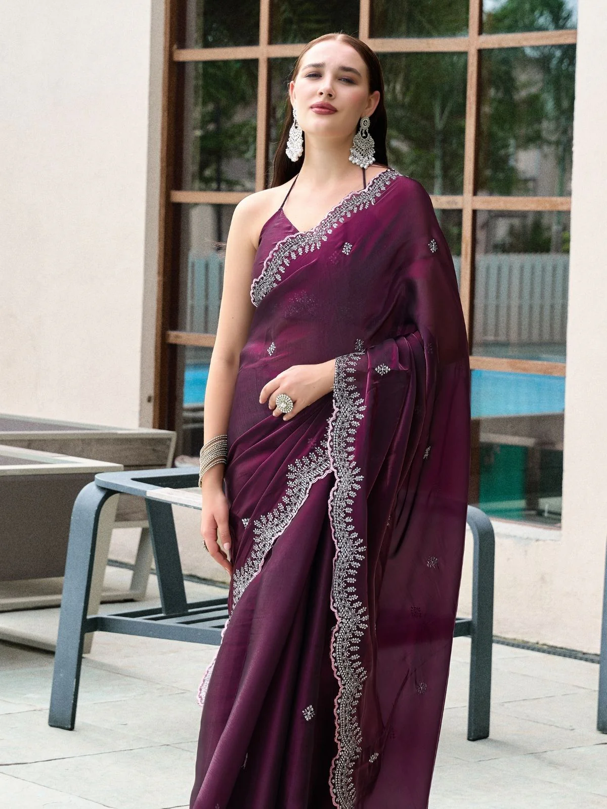 Odette Wine Chiffon Embellished Saree For Women - Image 5