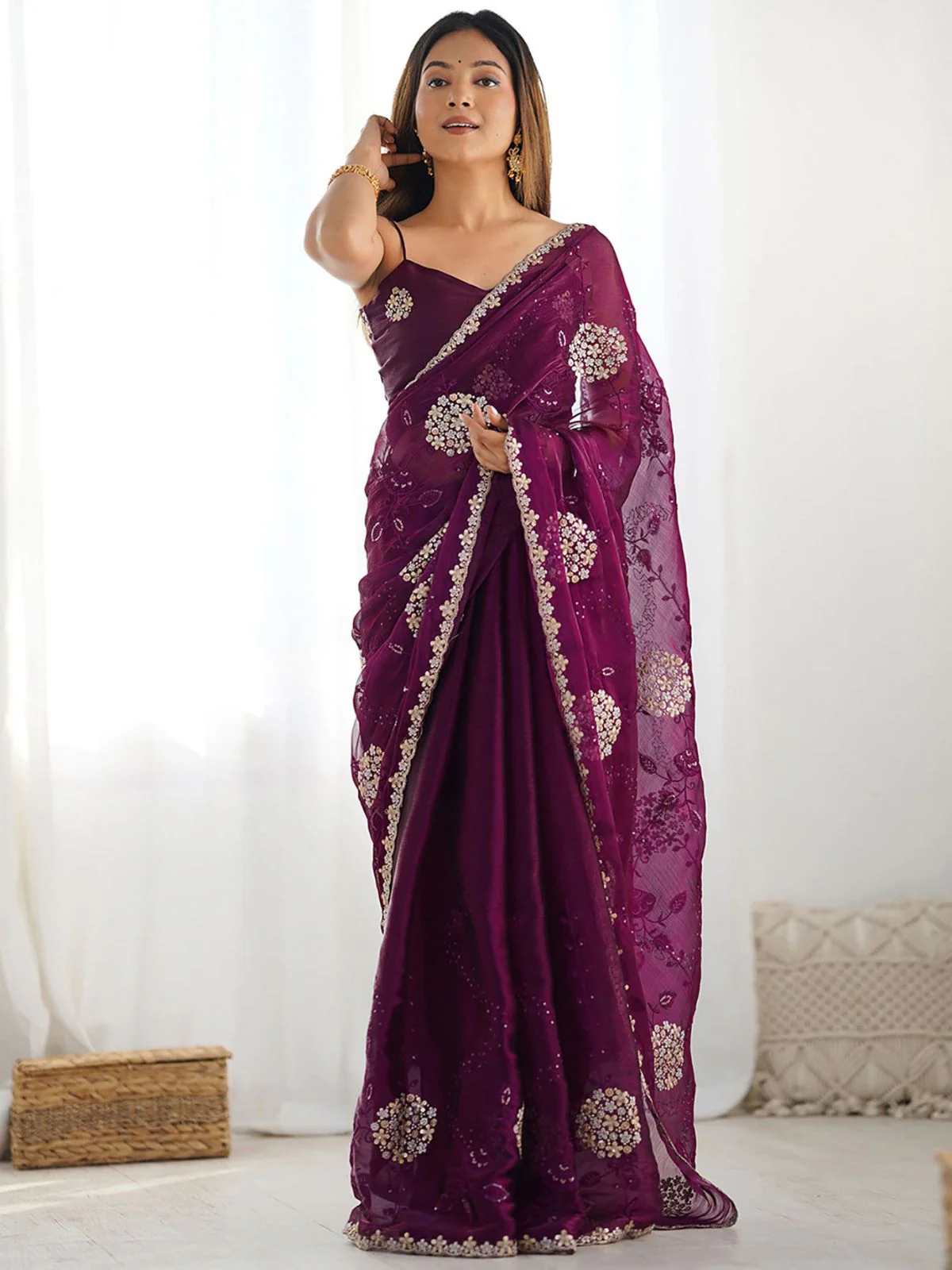 Odette Wine Chiffon Embroidered Elegant Saree For Women - Image 2