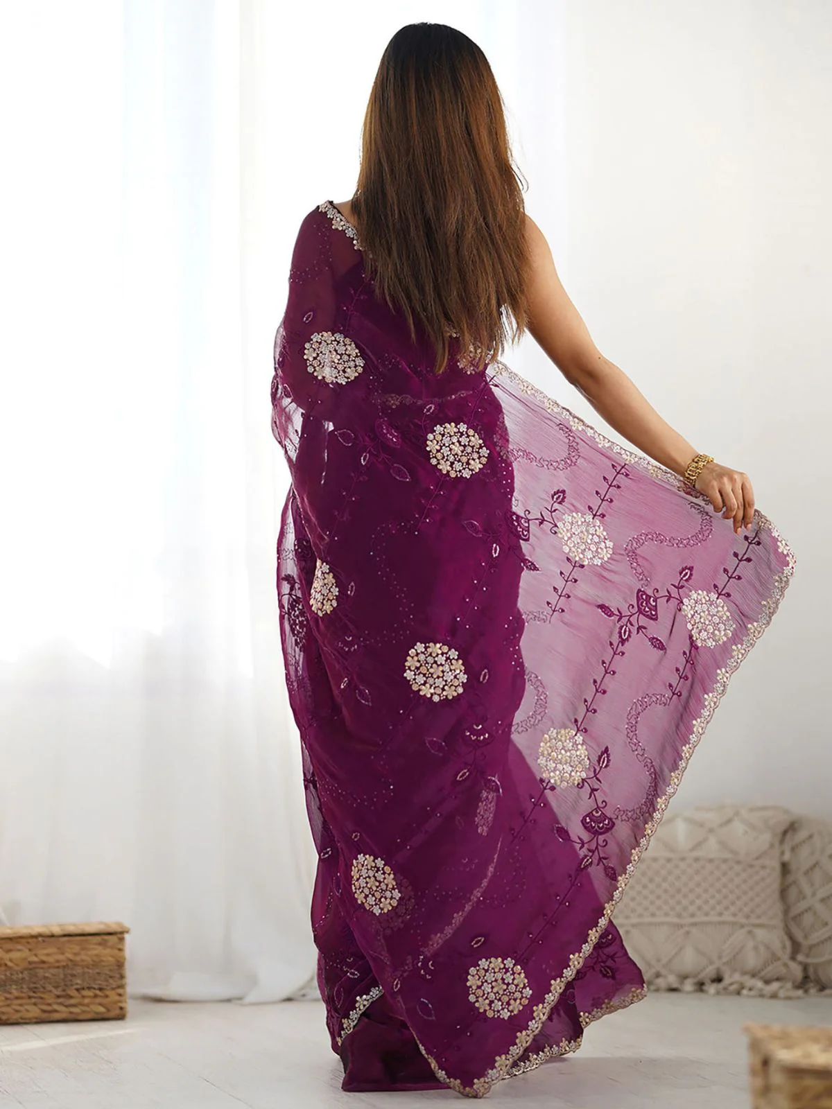 Odette Wine Chiffon Embroidered Elegant Saree For Women - Image 4