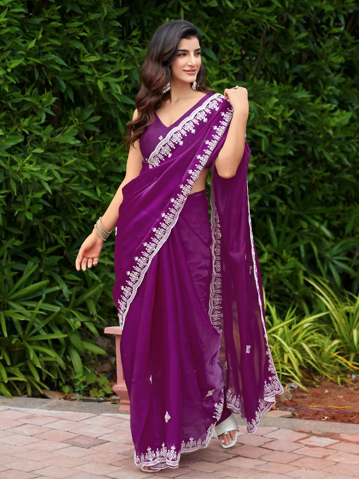 Odette Wine Chiffon Embroidered Saree For Women - Image 3