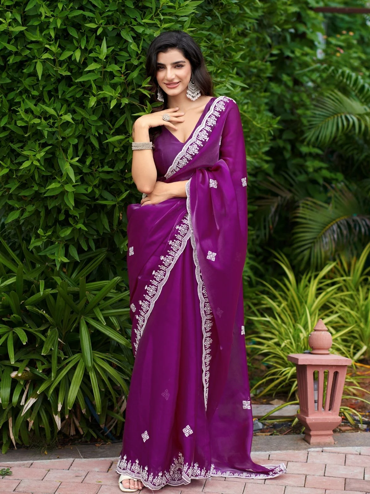 Odette Wine Chiffon Embroidered Saree For Women - Image 4