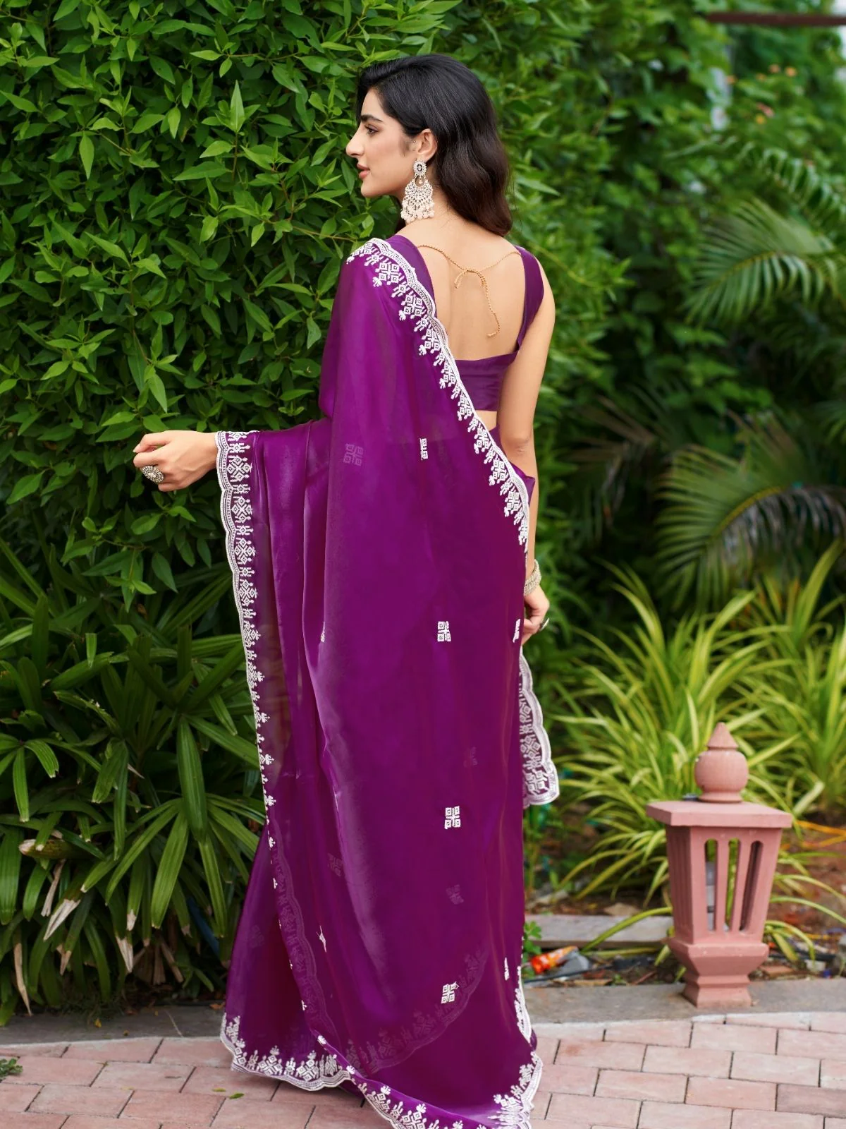 Odette Wine Chiffon Embroidered Saree For Women - Image 5