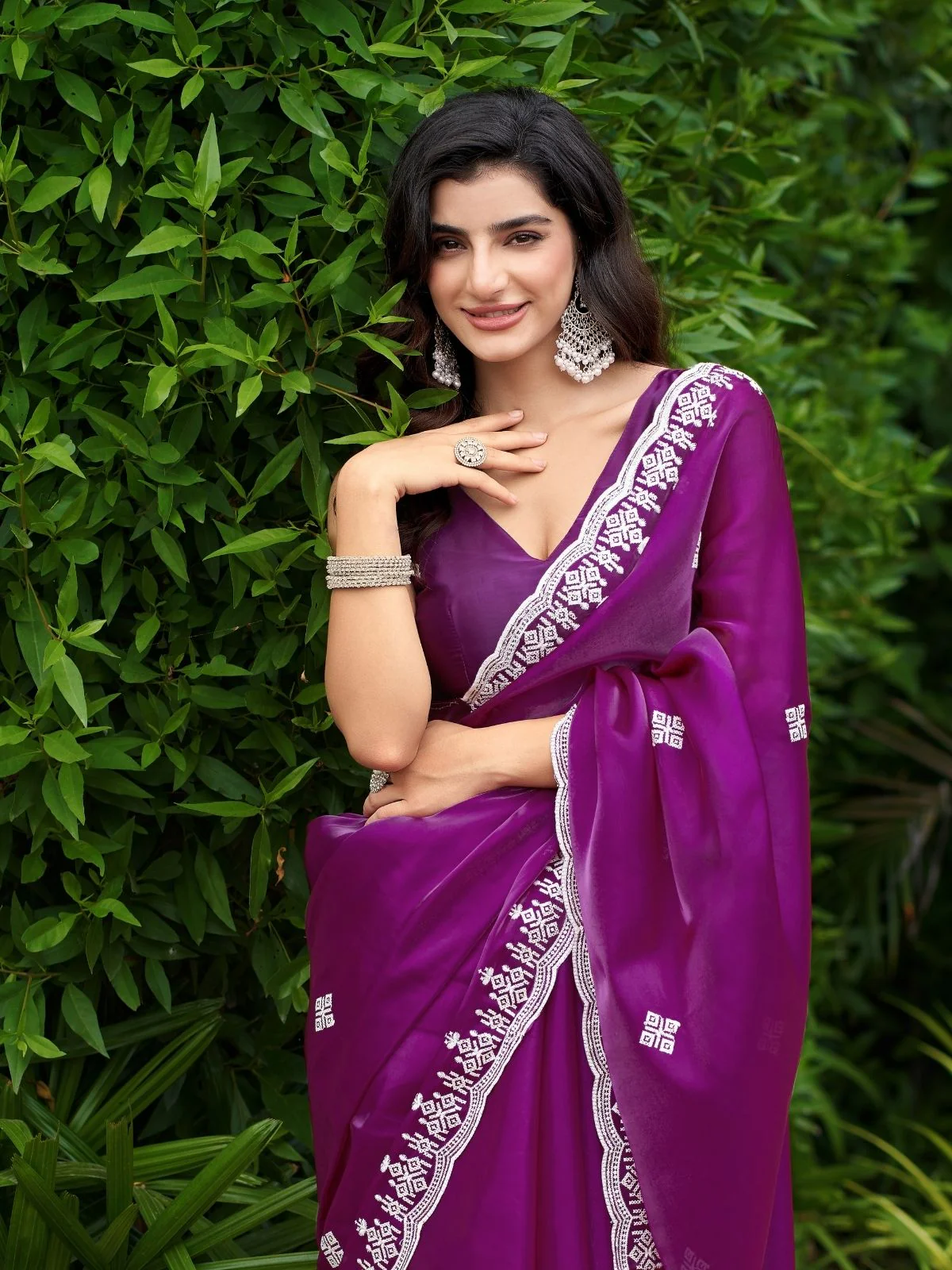 Odette Wine Chiffon Embroidered Saree For Women - Image 6