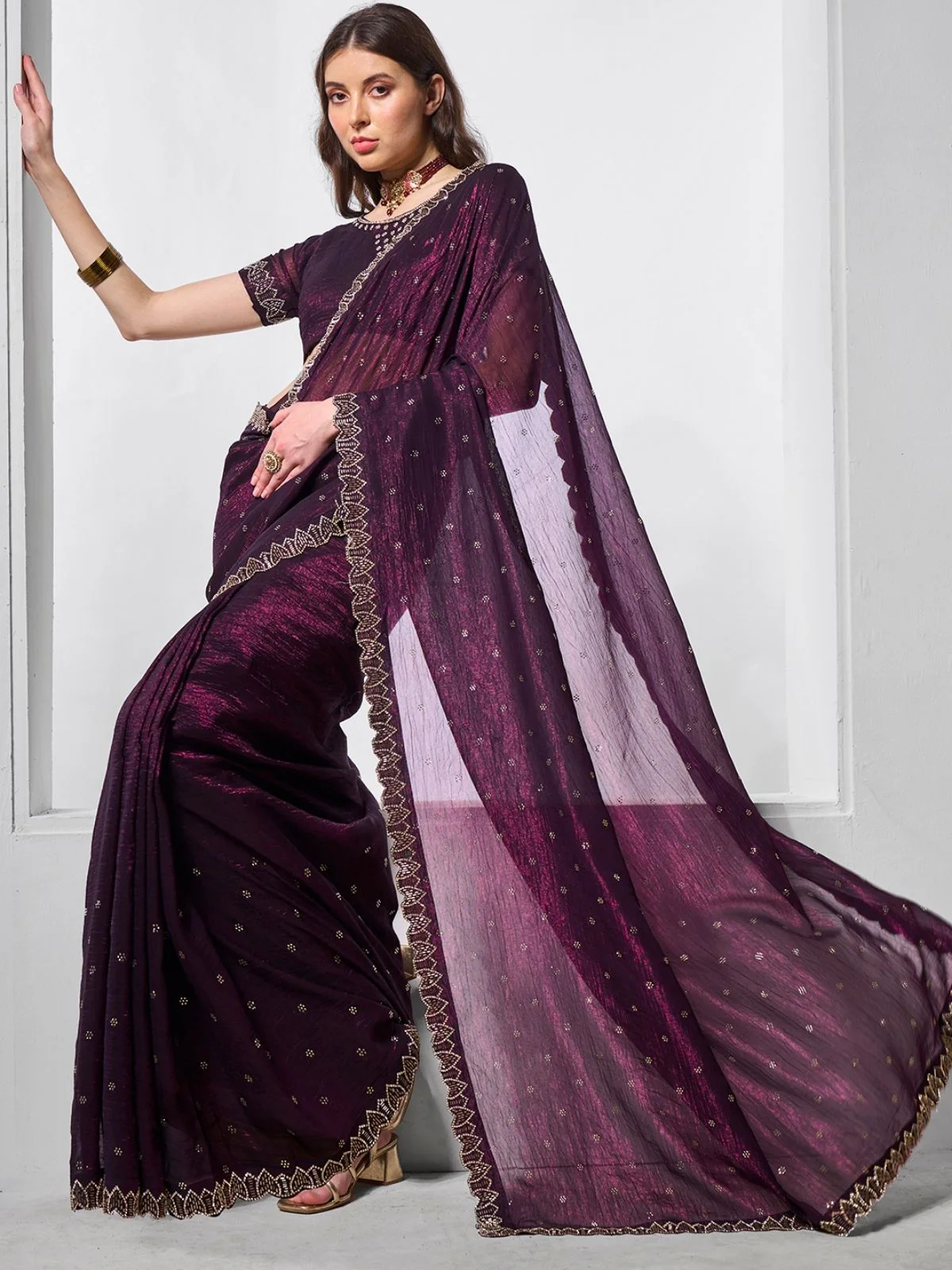 Odette Wine Chiffon Embroidered Saree With Unstitched Blouse For Women - Image 2