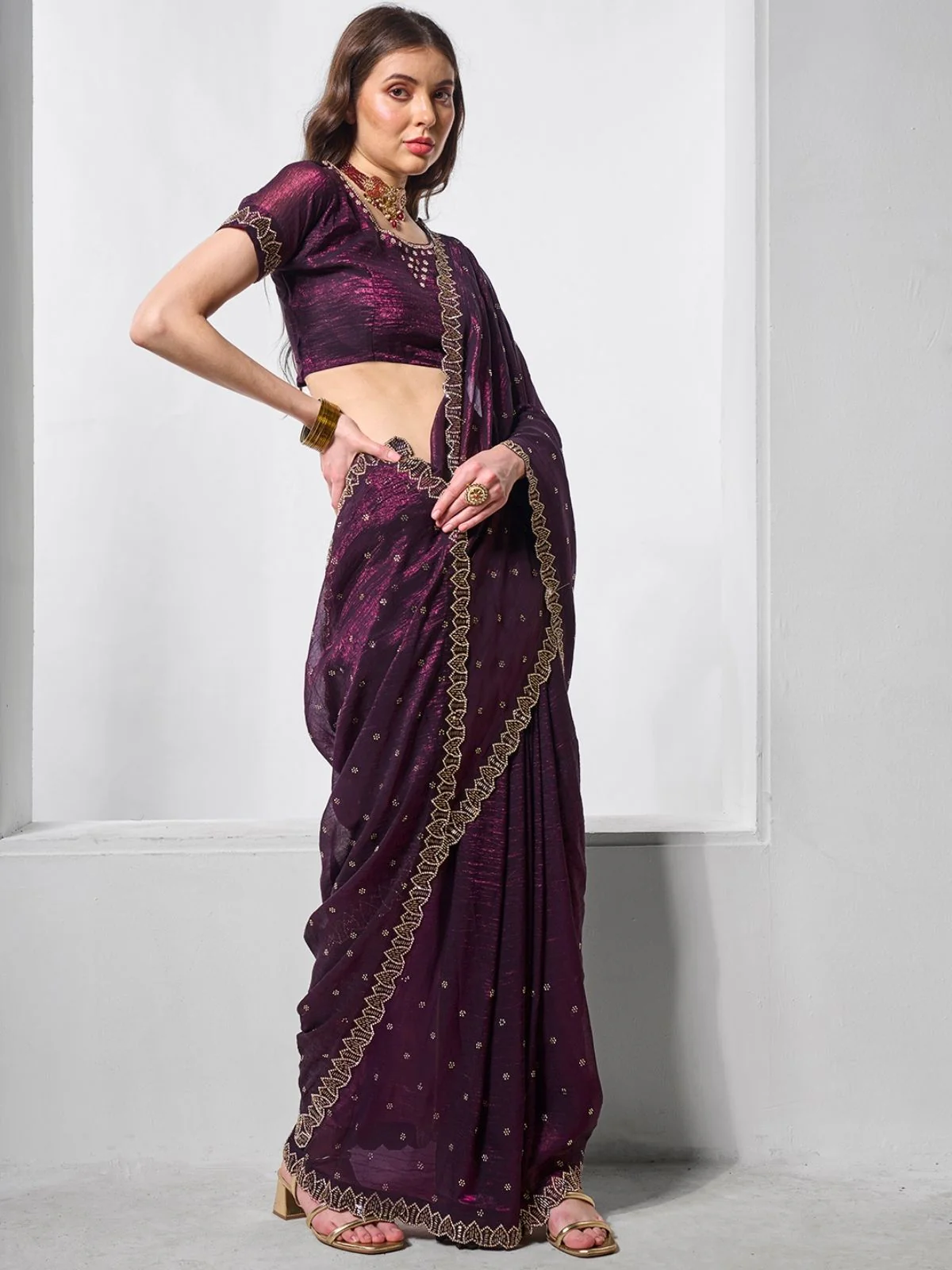 Odette Wine Chiffon Embroidered Saree With Unstitched Blouse For Women - Image 3