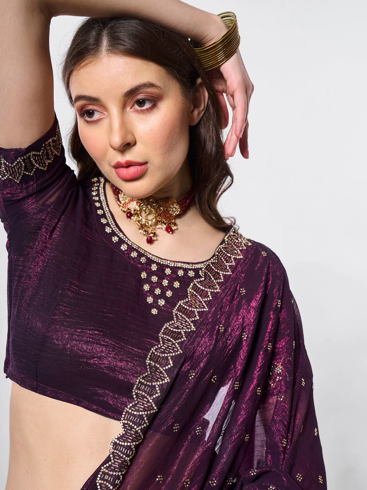 Odette Wine Chiffon Embroidered Saree With Unstitched Blouse For Women - Image 5