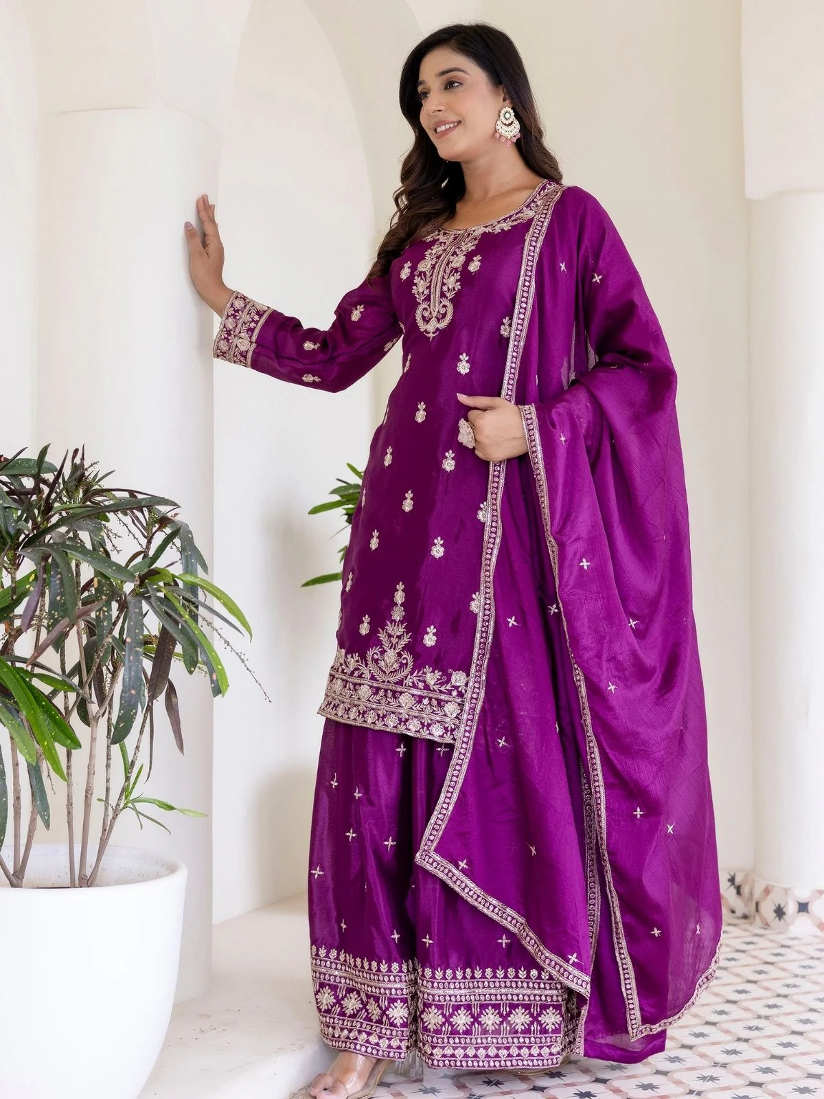 Odette Wine Chiffon Embroidered Stitched Kurta Set For Women - Image 2