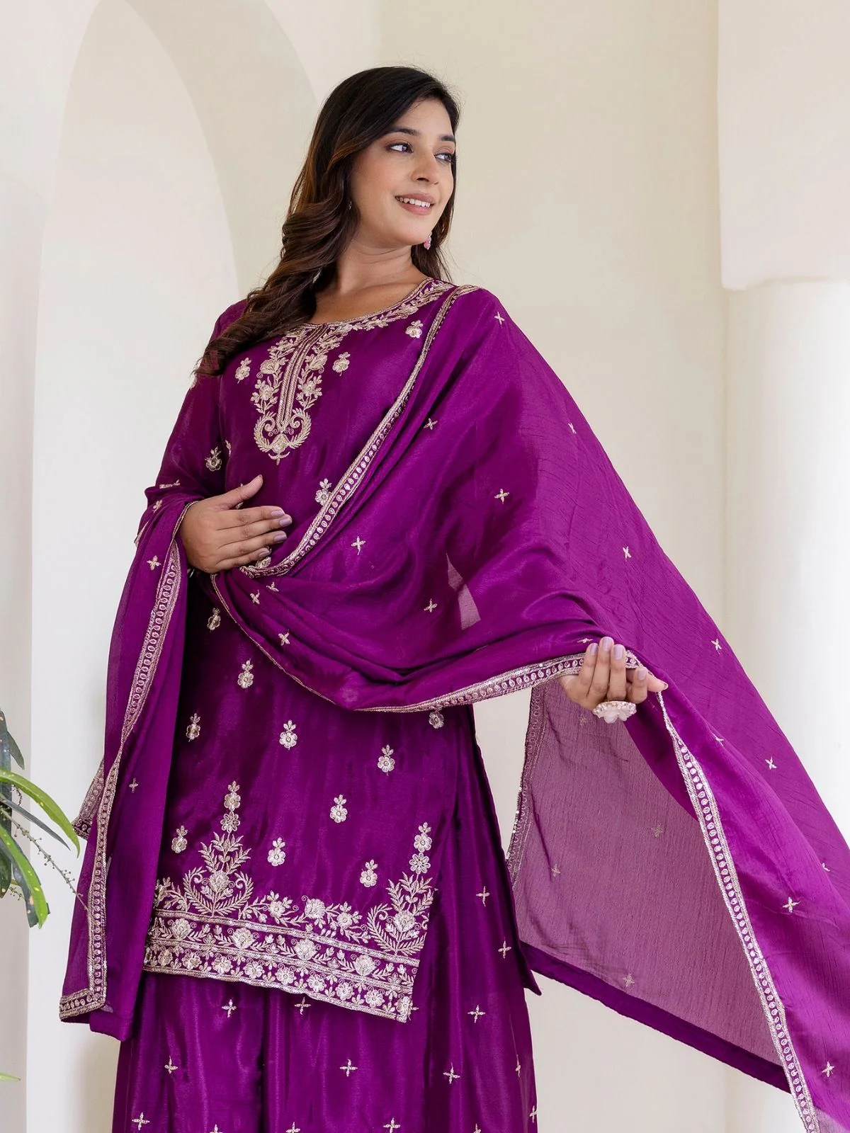 Odette Wine Chiffon Embroidered Stitched Kurta Set For Women - Image 3