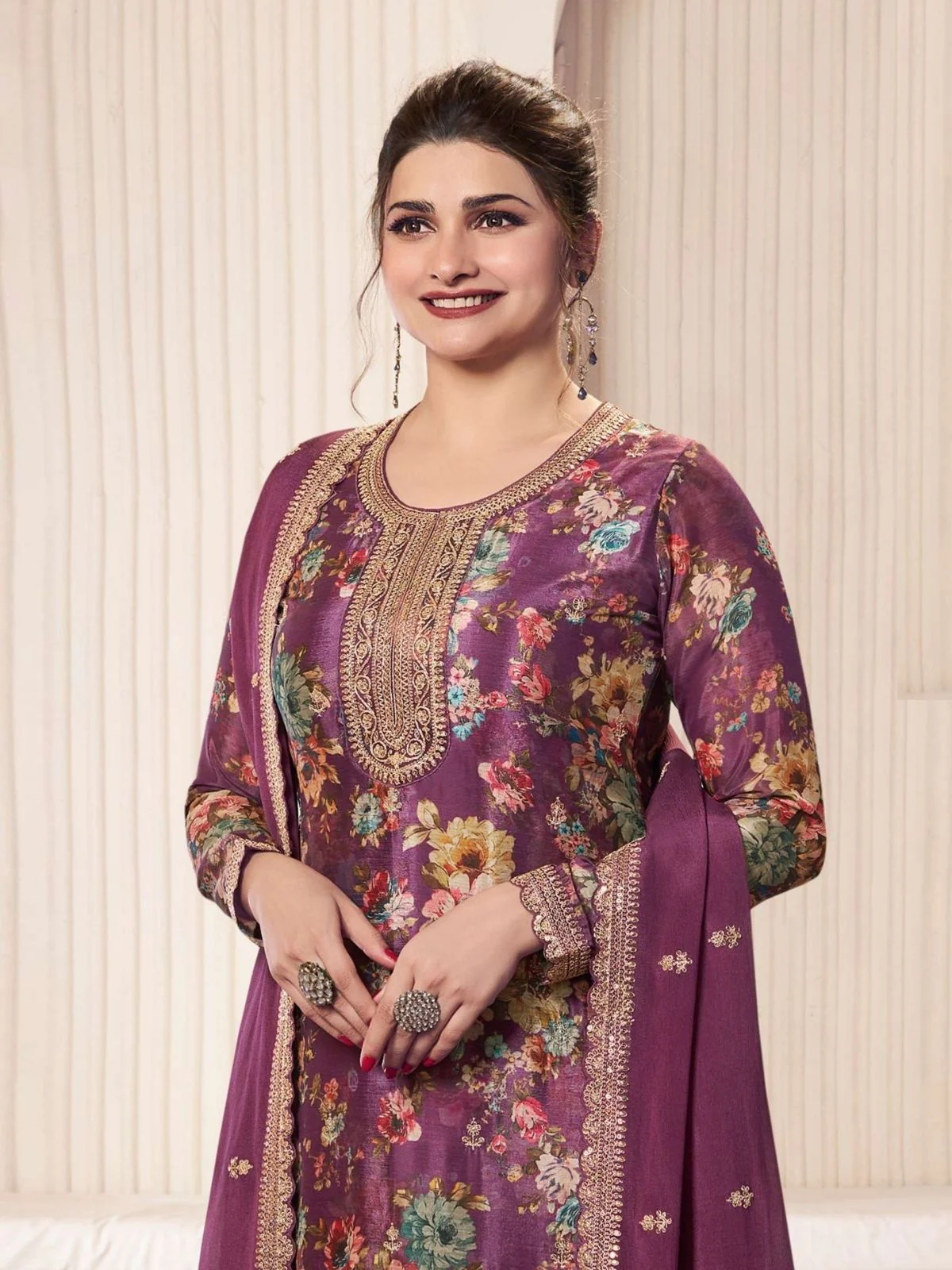 Odette Wine Chiffon Printed And Embroidered Semi Stitched Kurta Set For Women - Image 2