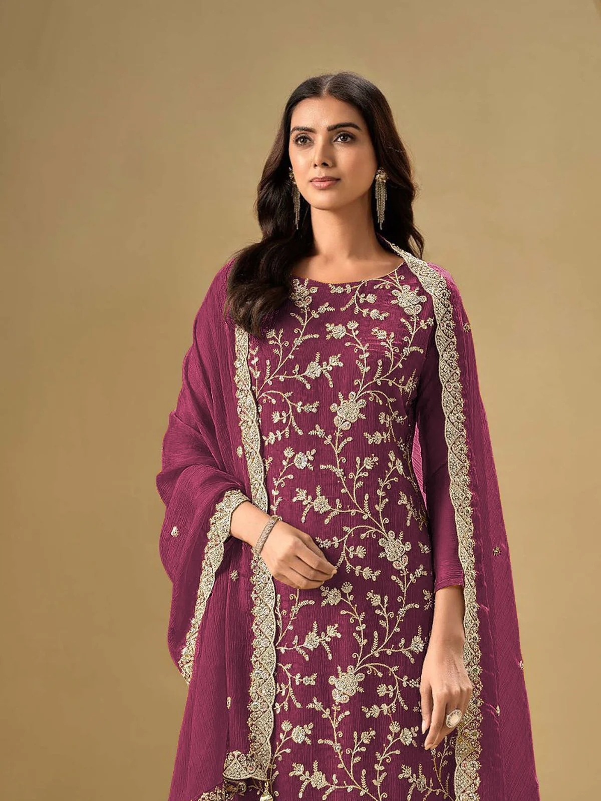 Odette Wine Chinon Embroidered Semi-Stitched Kurta Set For Women - Image 2